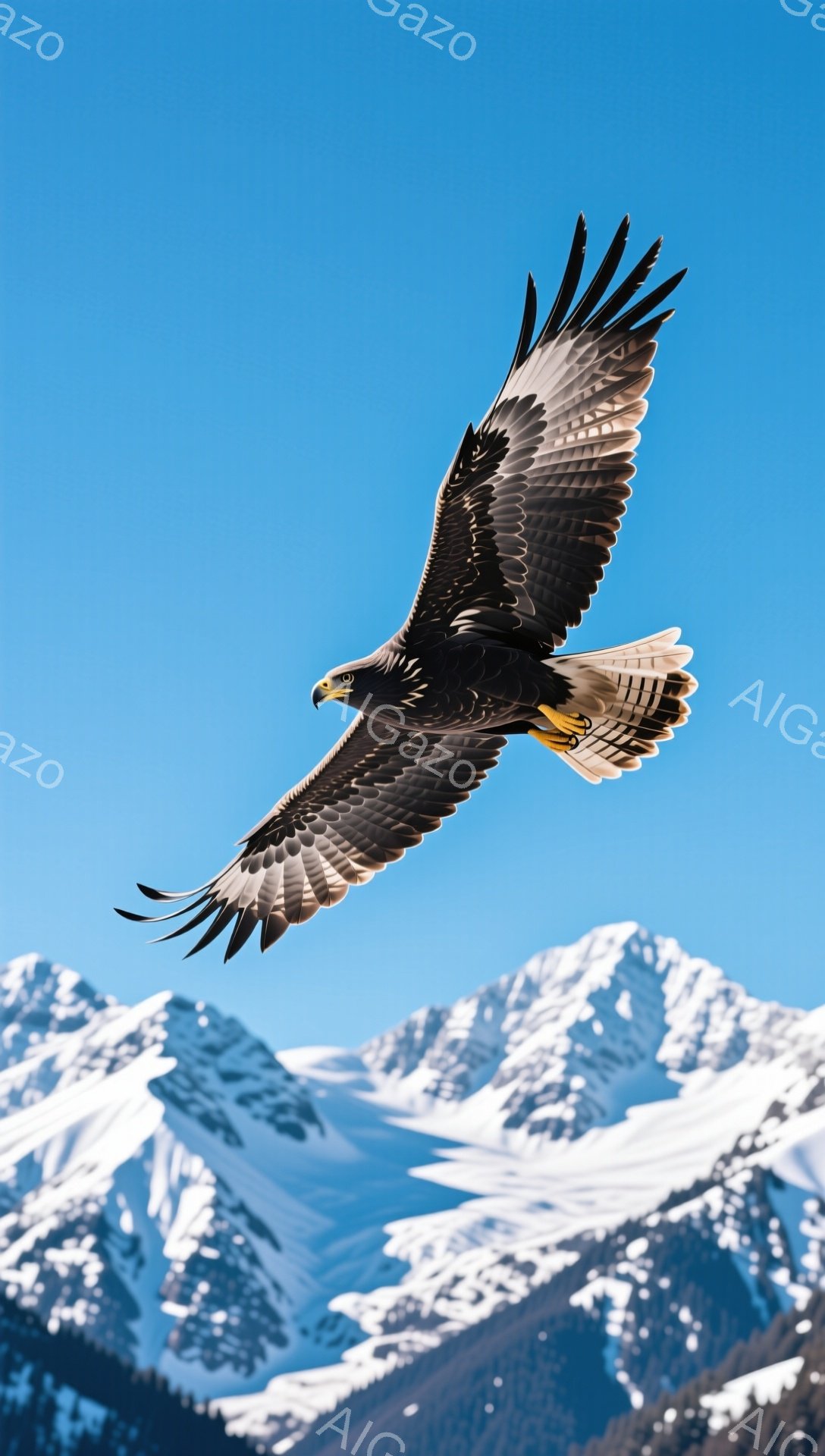 広大な雪山を背景に、翼を広げたワシが力強く空を飛んでいる。青空とのコントラストが美しく、ワシの力強さと優雅さが際立っている。冬の厳しい自然の中で生きるワシの姿は、希望と自由を感じさせる。 - AI生成フリー素材