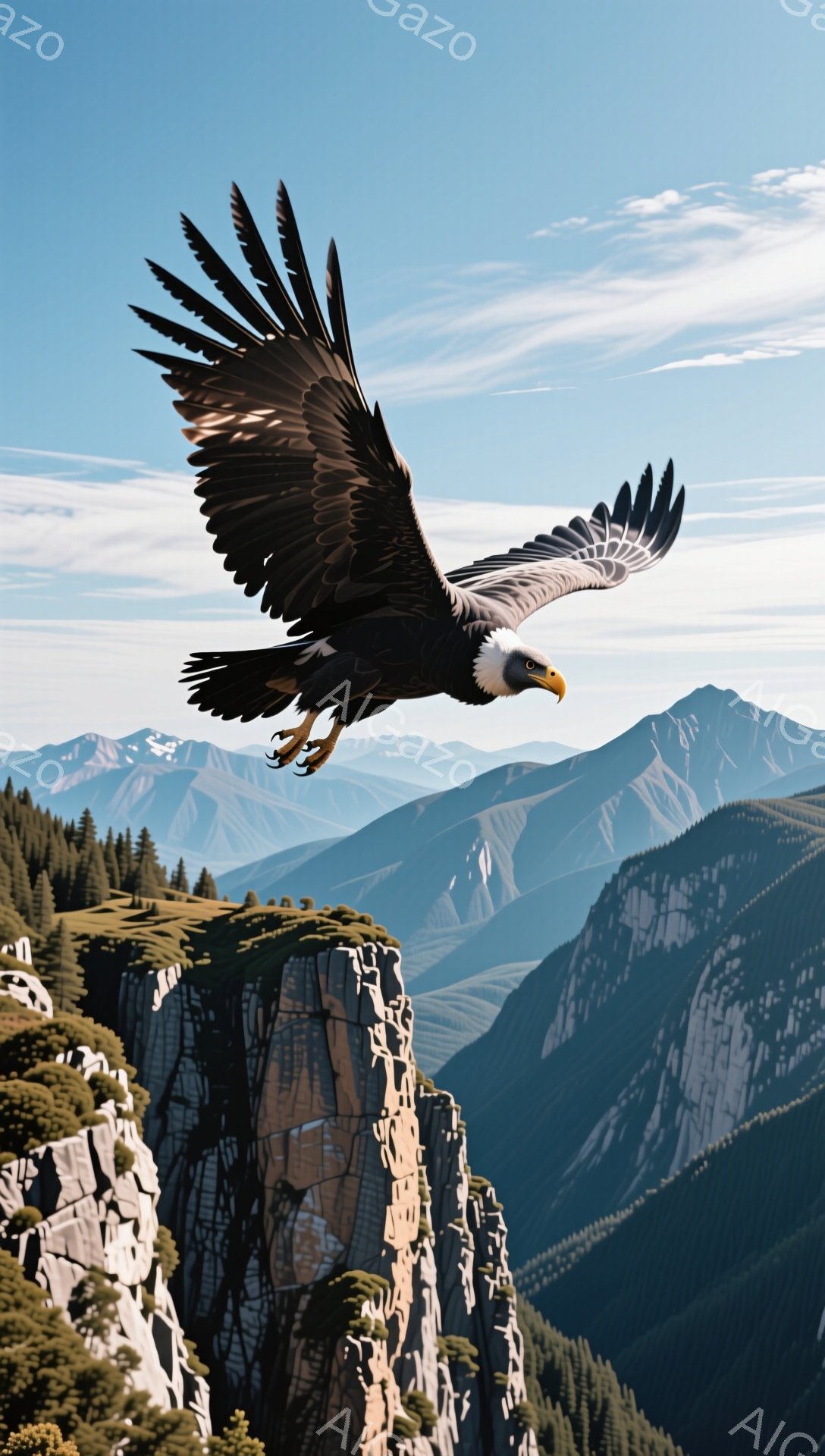 青々とした山々を背景に、巨大なワシが翼を広げて飛び立つ姿が印象的な風景です。岩山の崖の上に止まり、これから飛び立とうとする瞬間を捉えており、力強く、自由な雰囲気が漂っています。青い空と緑豊かな山々が、ワシの存在感をさらに引き立てています。