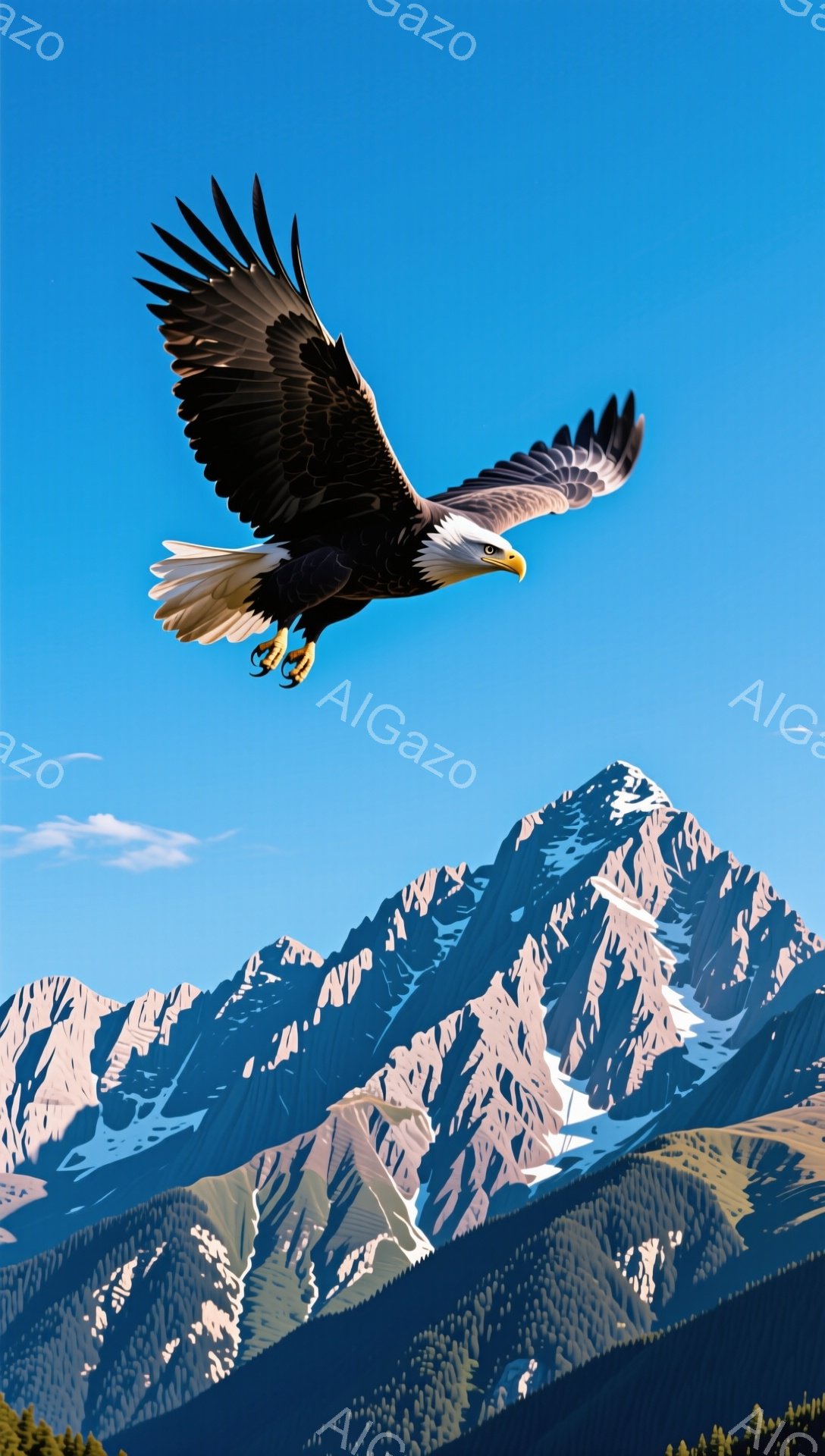 空高くを飛ぶ白頭鷲が描かれている。背景には雪を抱いた山々が連なり、青空とのコントラストが美しい。力強く羽ばたく鷲の姿は、自由と大自然を感じさせる。