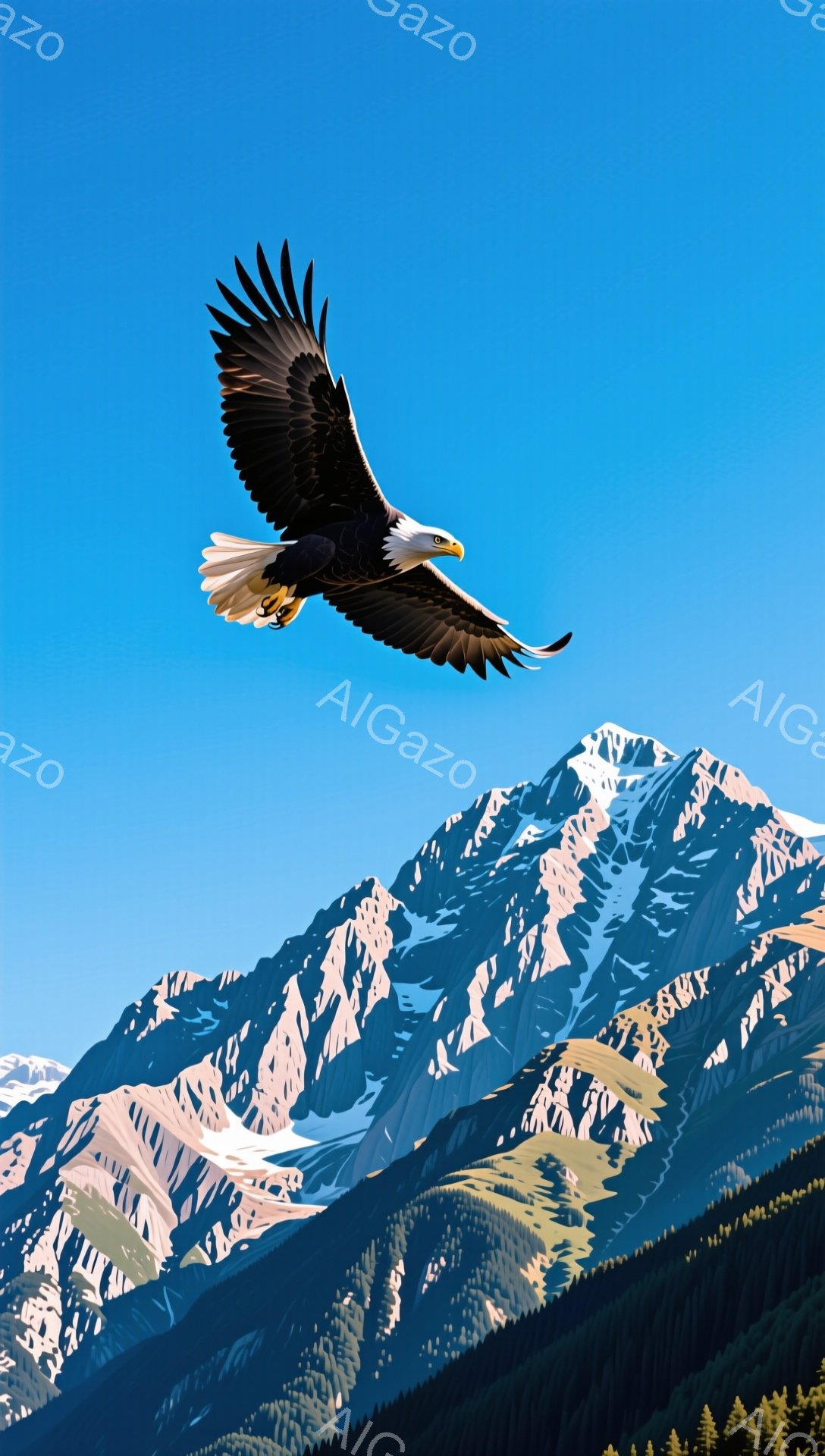 青い空を背景に、白頭鷲が力強く舞っている。雪を抱いた山々が雄大に広がり、自然の壮大さを感じさせる。鮮やかな色彩と、鷲の羽ばたきがダイナミックな印象を与える。