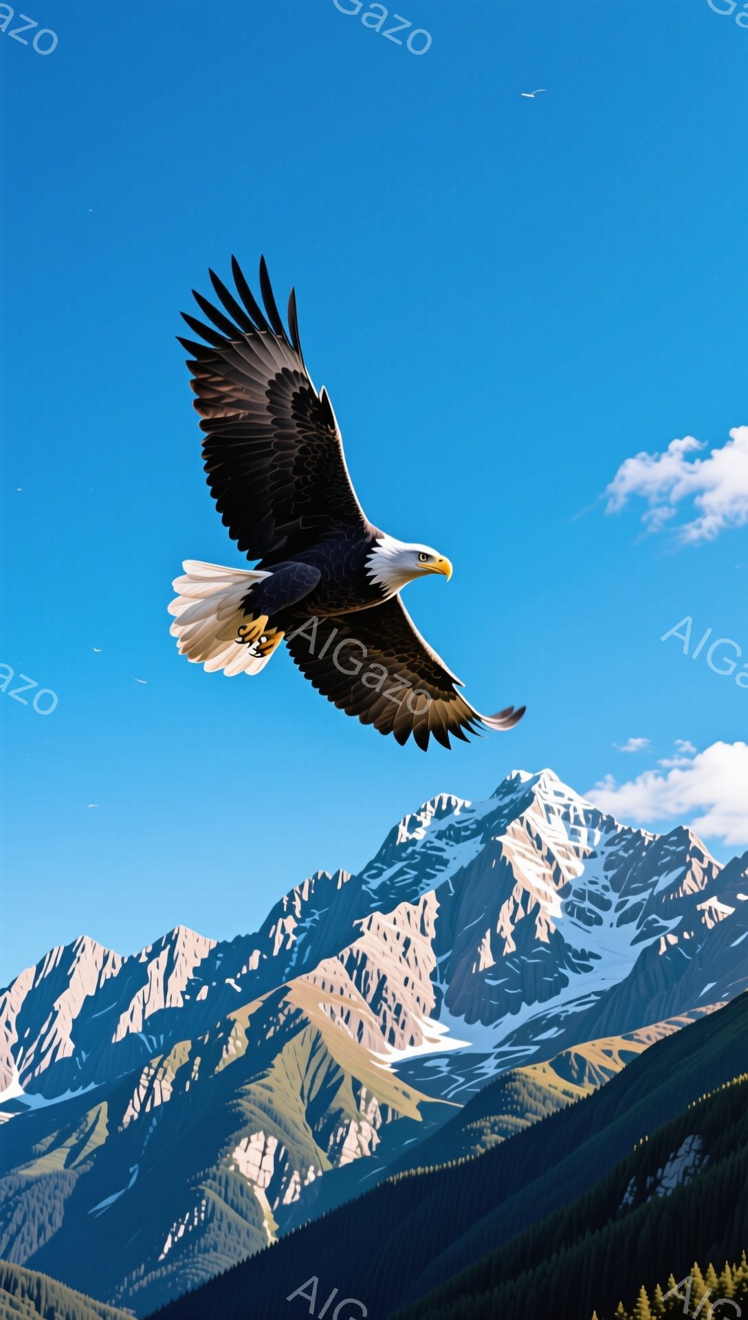 青い空を背景に、翼を大きく広げたハクトウワシが飛翔している。雪を抱いた山々が広がり、雄大な自然の風景が広がっている。力強く美しいワシの姿が印象的だ。