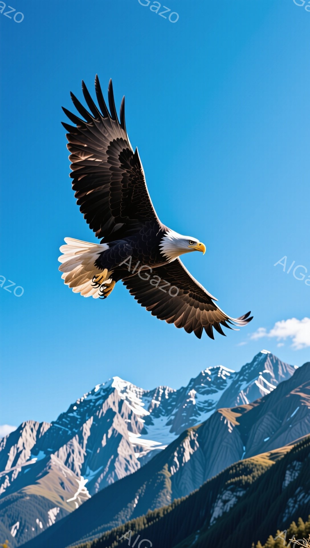 青空を背景に、翼を広げたハゲワシが力強く飛んでいる。白い雪を頂いた山々が遠くに見え、自然の壮大さを感じさせる。鮮やかな青と白のコントラストが、力強い生命力を際立たせている。
