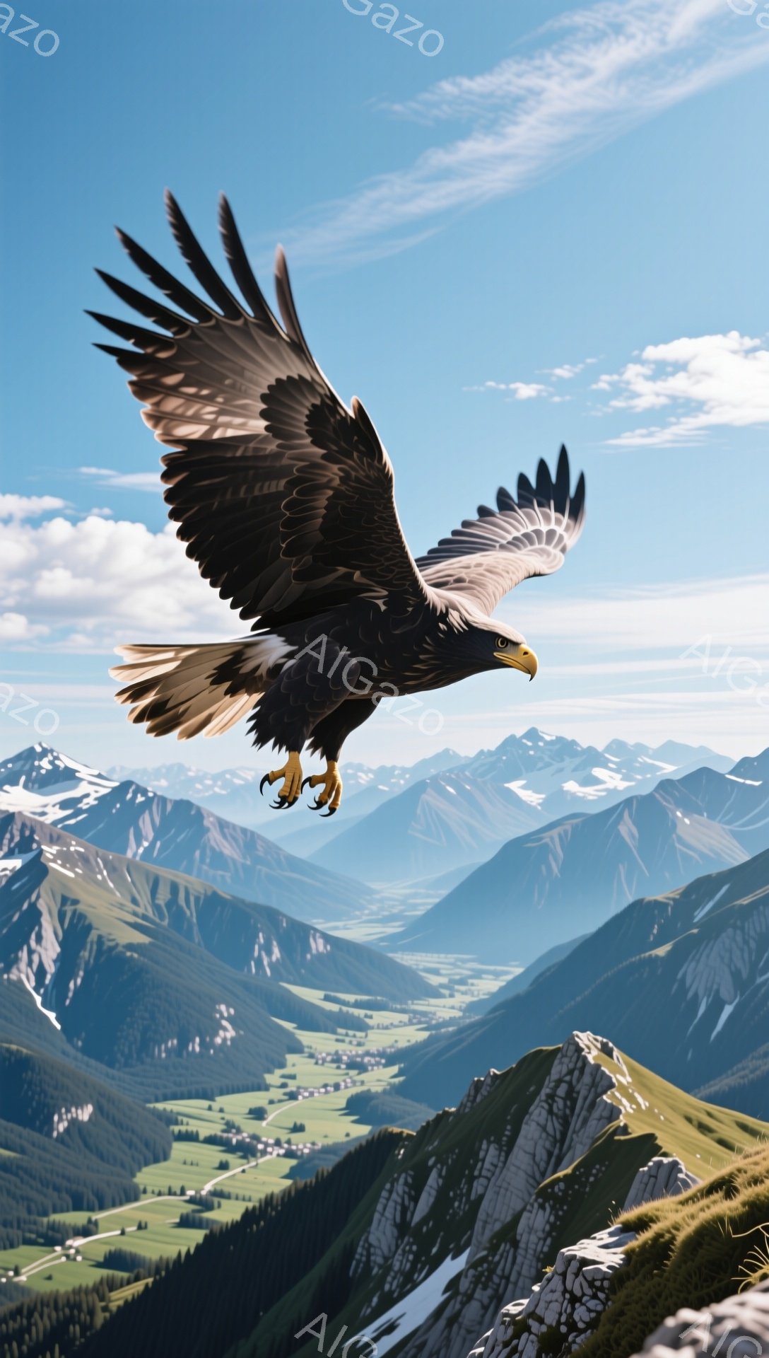広大な山々の風景を背景に、翼を大きく広げたワシが飛んでいる。雪を抱いた山々や緑豊かな谷間が広がり、力強い鳥の姿と壮大な自然とのコントラストが印象的だ。空には白い雲が浮かび、晴天の下、自由な飛行を描写している。