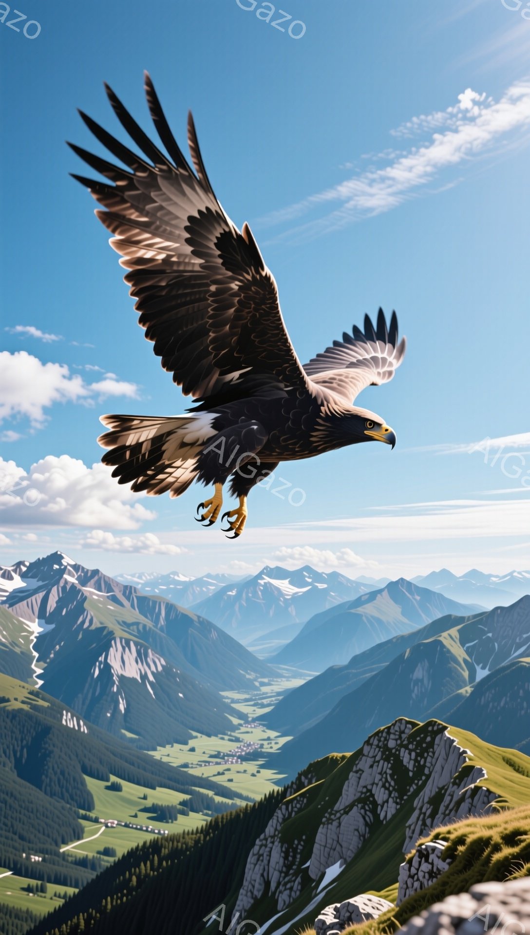 岩山を背景に、翼を大きく広げた猛禽類が空を舞っている。山々は緑豊かな谷と雪を頂いた山頂で構成され、澄んだ青空が広がっている。自然の力強さと静寂が感じられる、壮大な光景だ。
