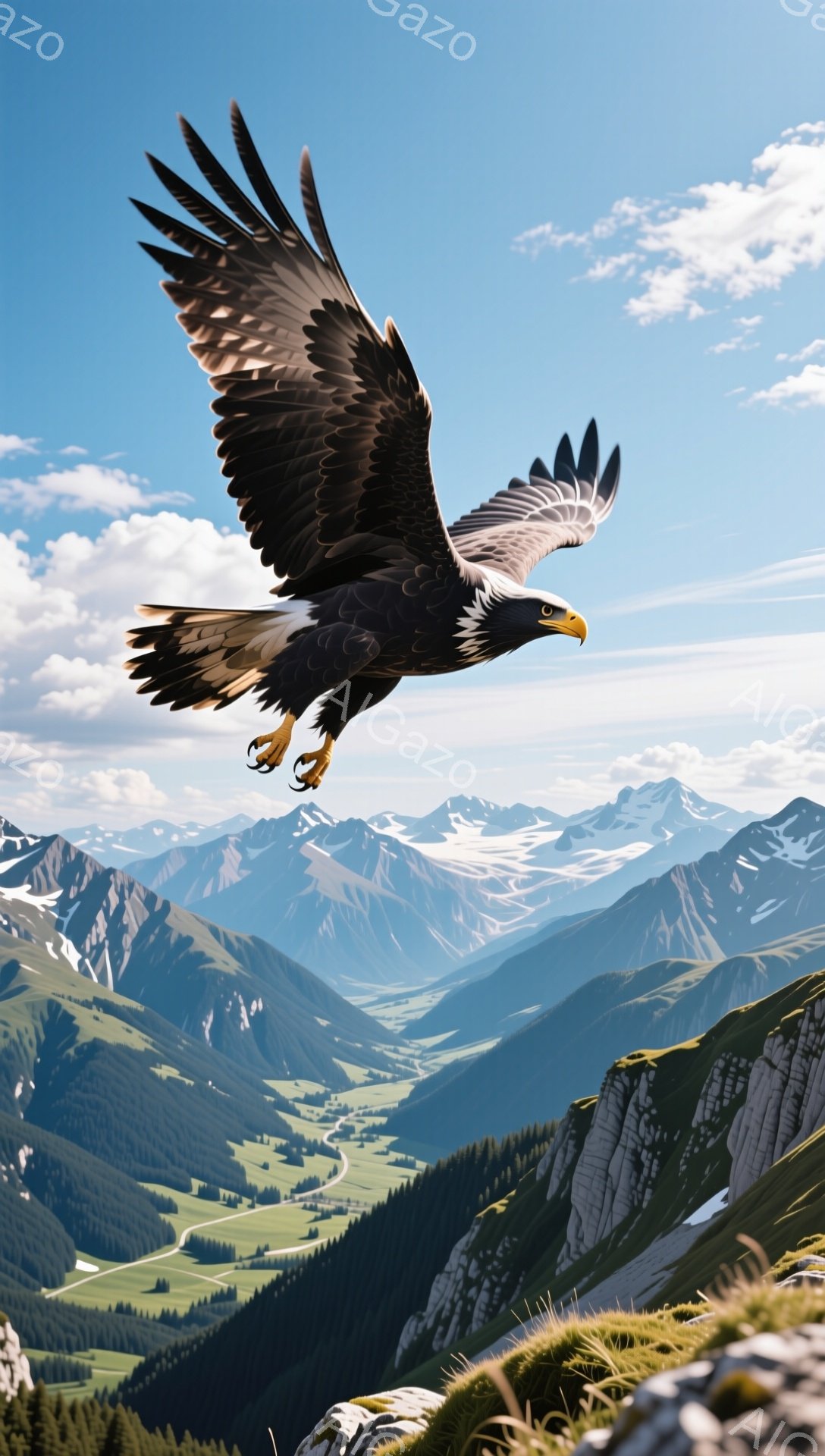 雄大な山々を背景に、翼を広げたワシが力強く空を飛んでいる。深い渓谷と緑豊かな草原が広がり、そのコントラストが美しい。鮮やかな青空と白い雲が、ワシの飛翔をより一層引き立てている。