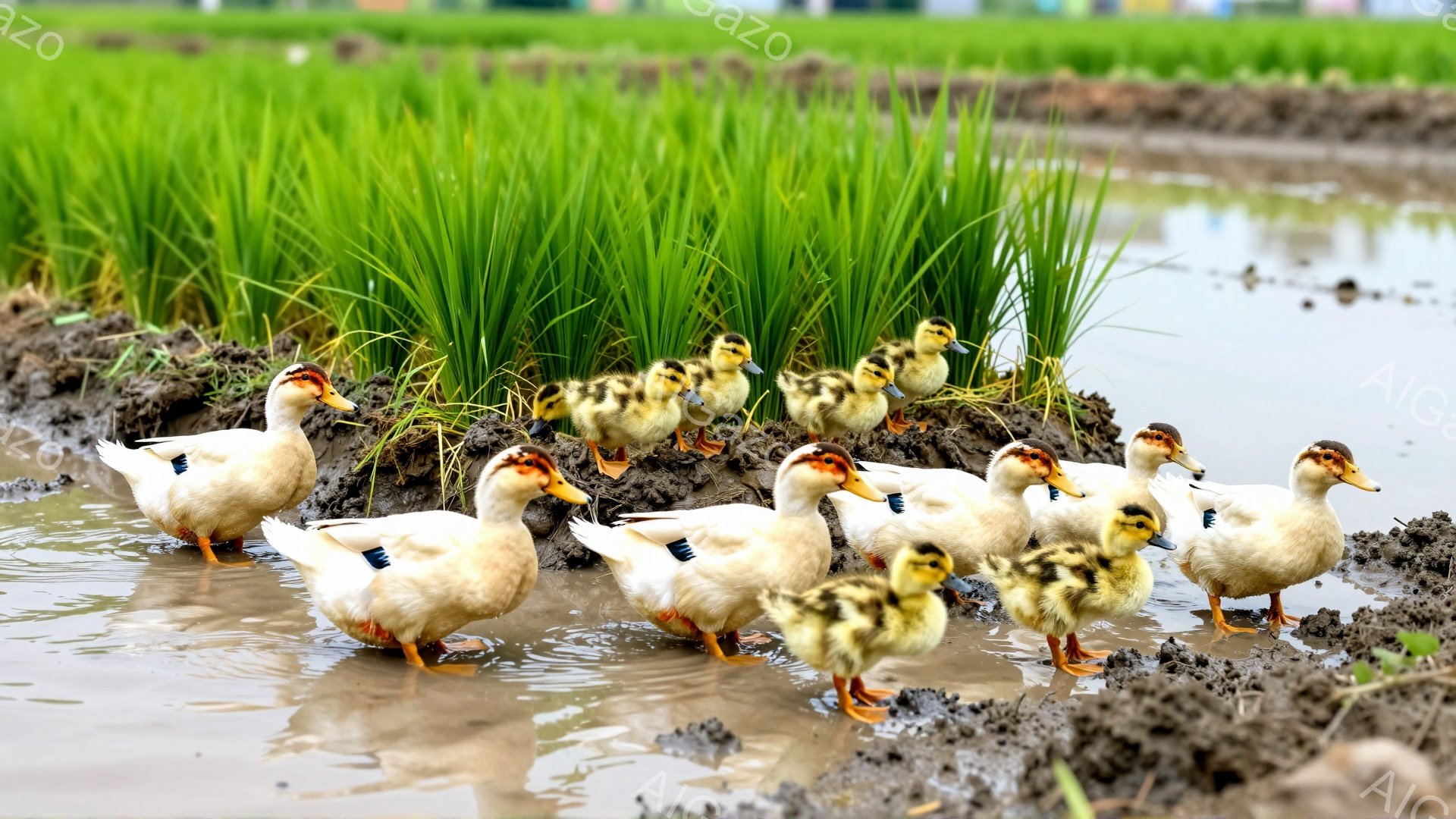 アヒルの一群が泥と緑の草の間を歩いている。親アヒルは茶色と白の羽毛を持ち、子アヒルは黄色くてふわふわしている。背景には新緑が広がり、穏やかで平和な雰囲気を醸し出している。 - AI生成フリー素材