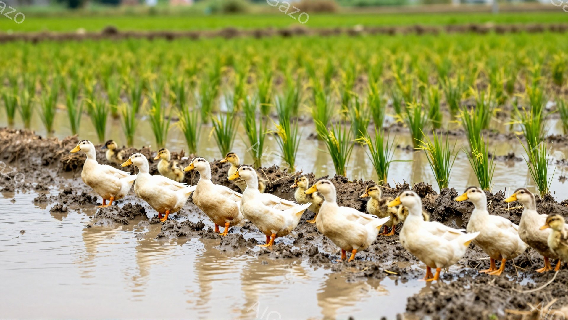 泥田の中でアヒルの家族が整列して歩いている。親鳥は白くてふわふわしており、子鳥たちは黄色くて小さく、可愛らしい。背景には緑色の稲が植えられており、田園風景が広がっている。