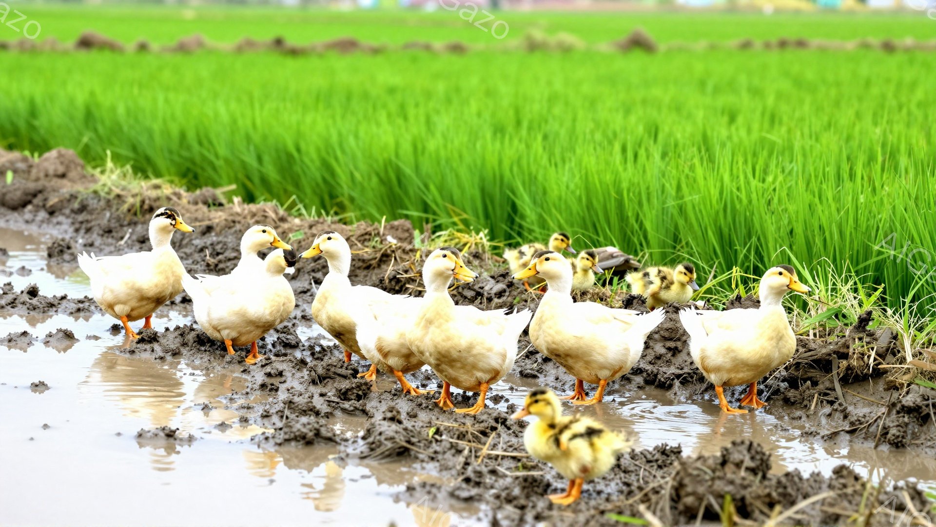 広大な緑色の田んぼの中を、親鴨と子鴨たちが一列に歩いている。泥で汚れた地面に映る鴨たちの姿は、生命力に溢れ、のどかな田園風景と調和している。子鴨たちはまだ小さく、親鴨に寄り添いながら、好奇心いっぱいの - AI生成フリー素材
