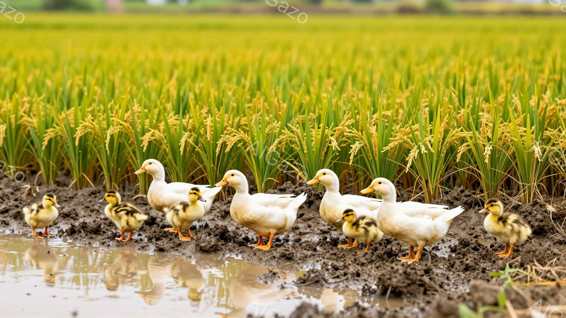 アヒルが数羽、泥田の中で一列に並んでいます。背景には黄金色に輝く稲穂が広がり、秋の田園風景が広がっています。小アヒルたちは母親に寄り添い、可愛らしい姿を見せています。