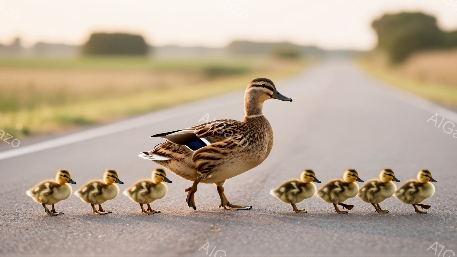 アスファルトの道の上を、親鴨と子鴨たちが一列に歩いている。背景には緑豊かな草地が広がり、穏やかで平和な雰囲気が漂っている。夕暮れ時の柔らかな光が、親子のシルエットを美しく照らし出している。 - AI生成フリー素材