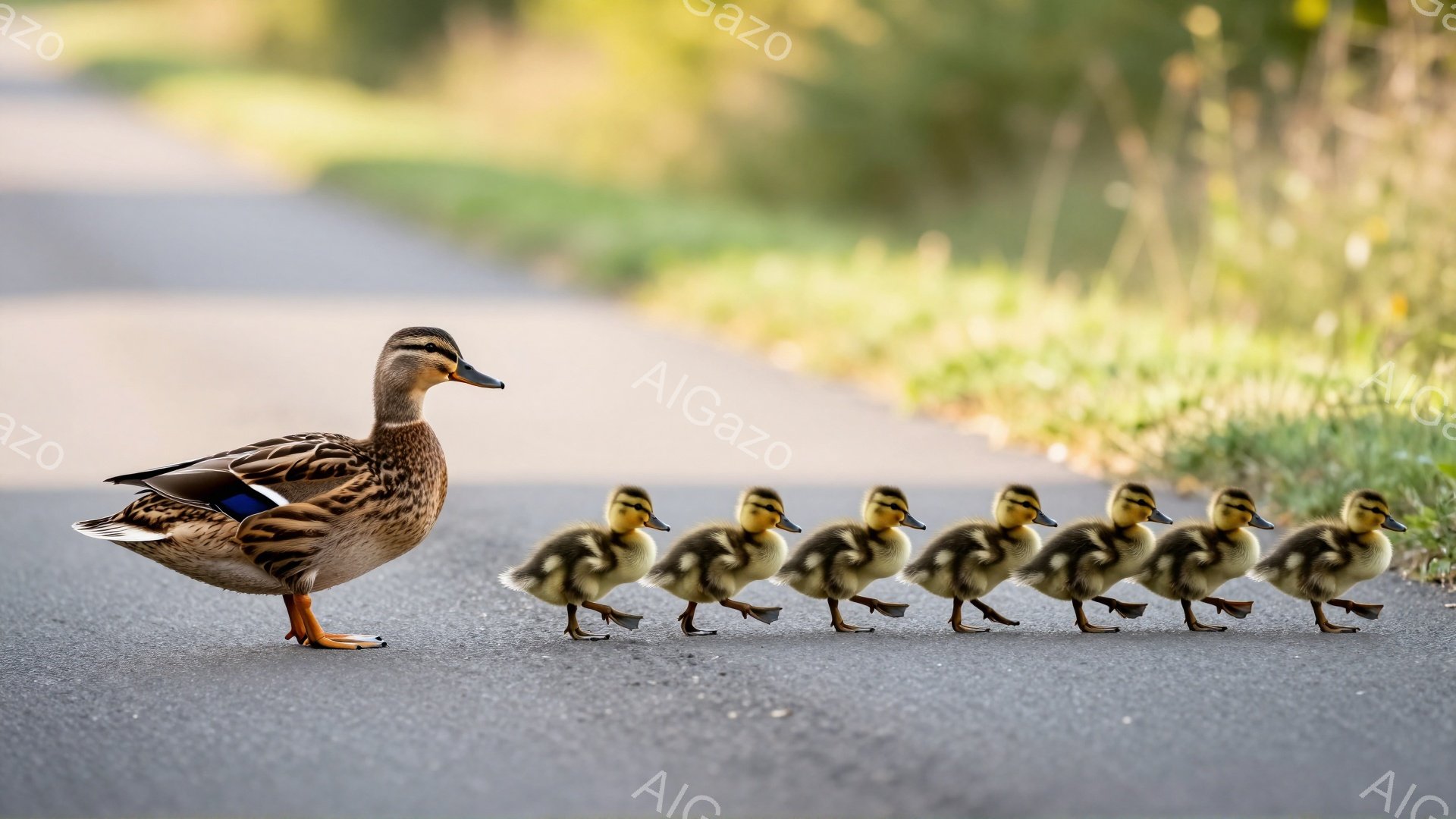 アヒル一羽が子アヒルたちを先導してアスファルトの道を行進している。母親アヒルは茶色と黒の美しい羽を持ち、子アヒルたちはふわふわの黄色い毛並みで愛らしい。背景には緑豊かな草むらがあり、穏やかで平和な雰囲 - AI生成フリー素材