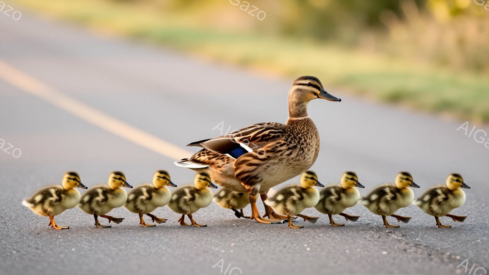 アヒルが子アヒルたちを連れてアスファルトの道を進んでいます。親アヒルの後ろには、黄色いふわふわの子アヒルたちが一列に並んでついてきています。背景には緑の草むらがあり、穏やかな雰囲気です。 - AI生成フリー素材