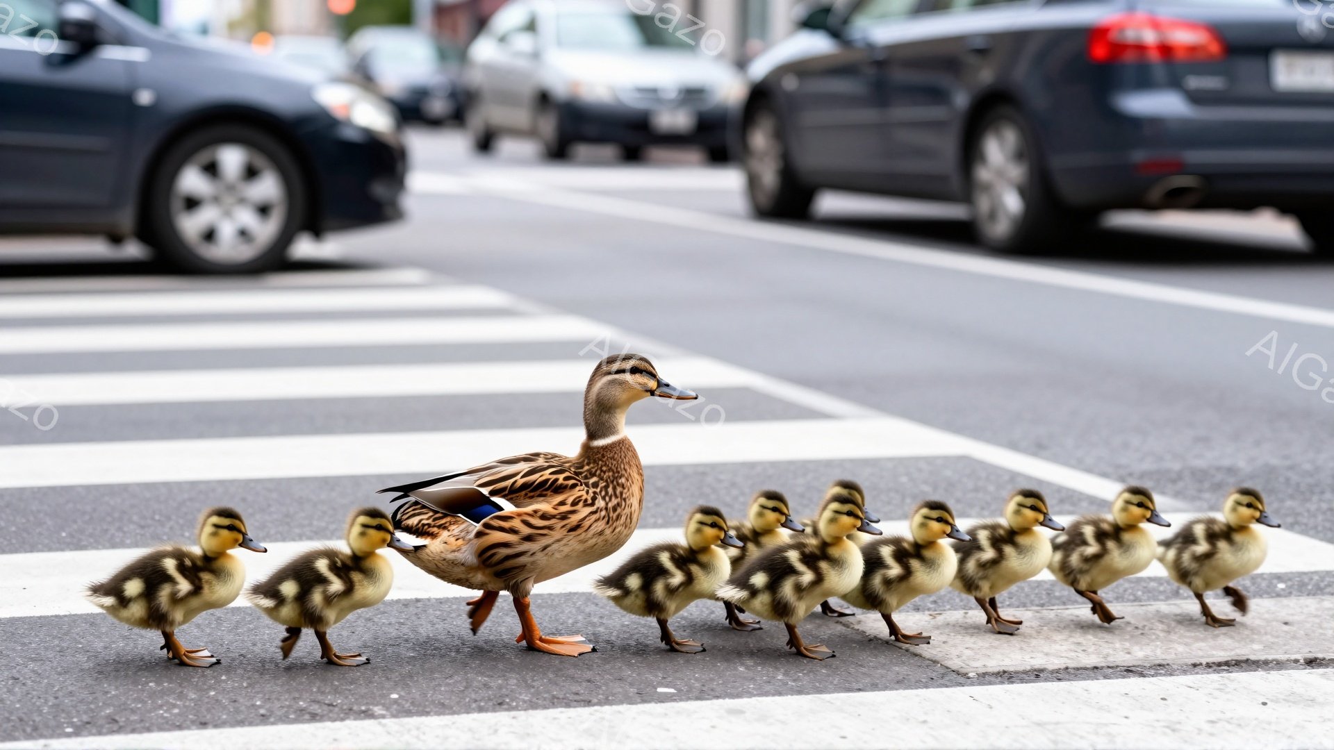 アヒルの母親が、かわいらしいひなたちを連れて横断歩道を渡っています。背景には車がぼやけて写っており、都会の風景の中に自然の温かさが感じられます。ひなたちは母親の後ろをぴったりとついて、安全に道路を渡ろうとしています。
