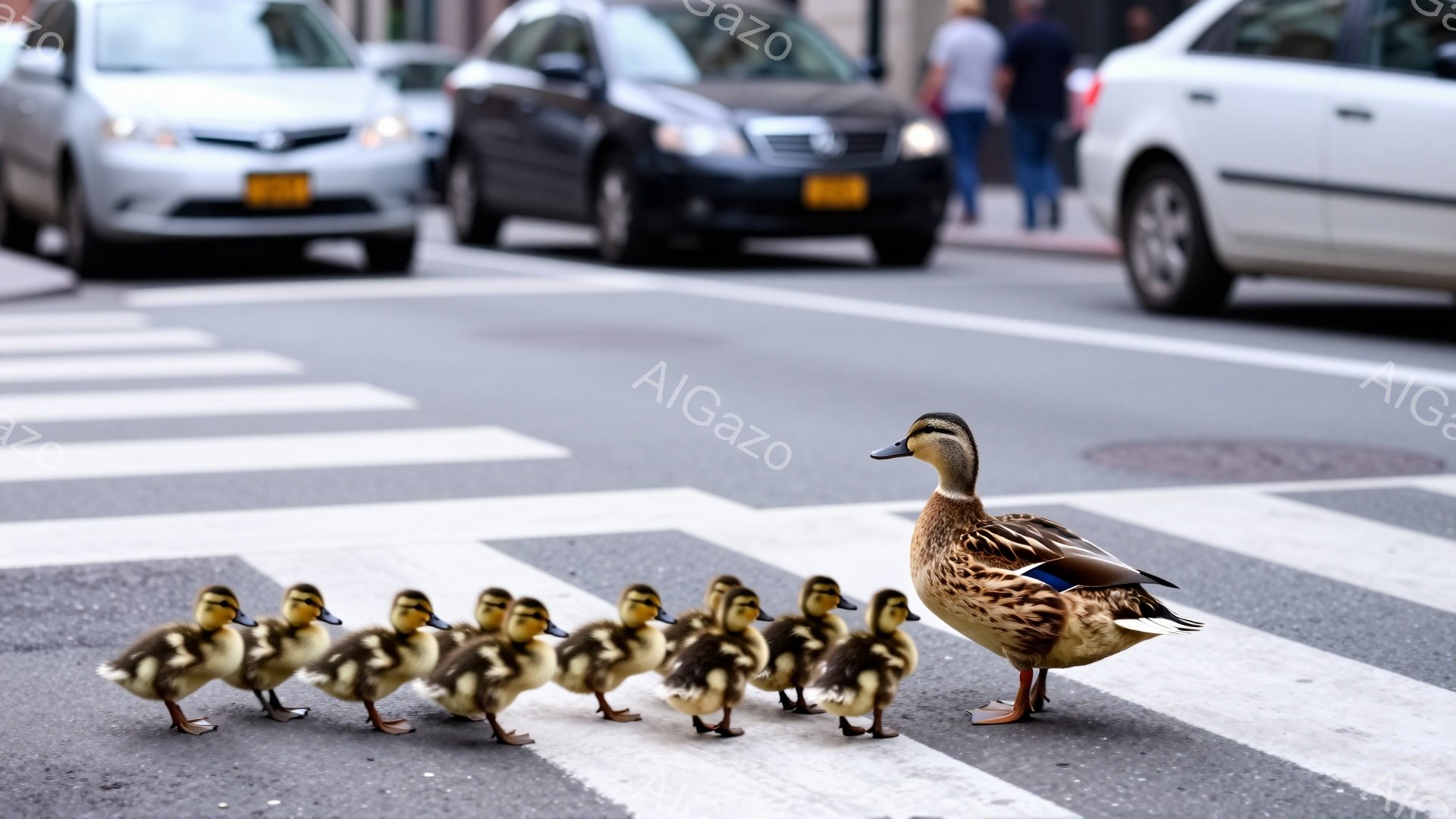白い線が引かれた道路の中央で、アヒルが子アヒルたちを連れて歩いている。背景には車が通り、都会の風景の中に自然の瞬間が捉えられている。母アヒルの保護的な様子と、子アヒルたちの愛らしい姿が印象的だ。
