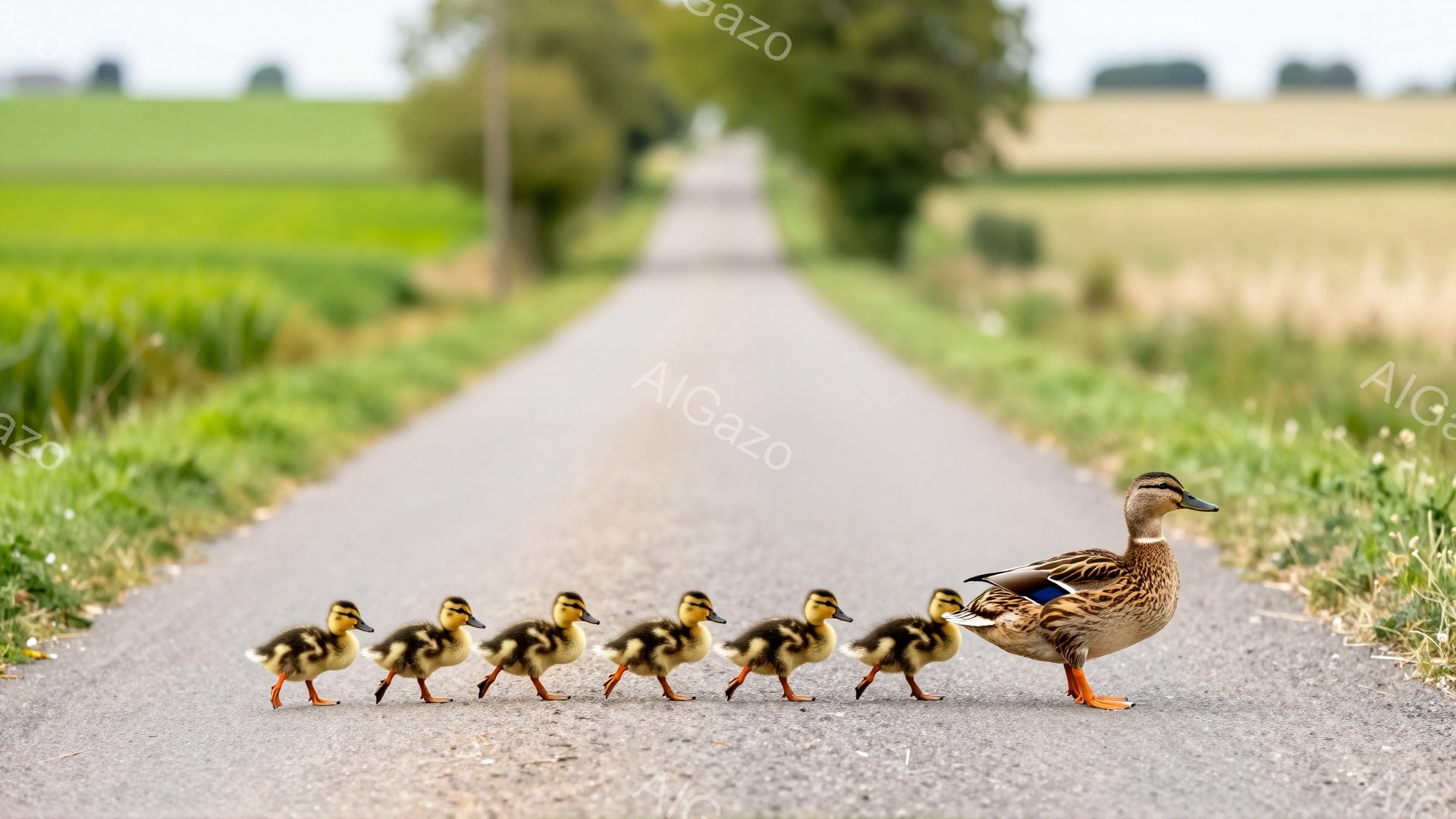 アヒルの母親が道路の中央を先導し、後ろには黄色いひな鳥たちが一列に並んで歩いている。道路の両側には緑豊かな草が生い茂り、遠くには田園風景が広がり、穏やかで平和な雰囲気が漂っている。太陽の光が優しく降り - AI生成フリー素材