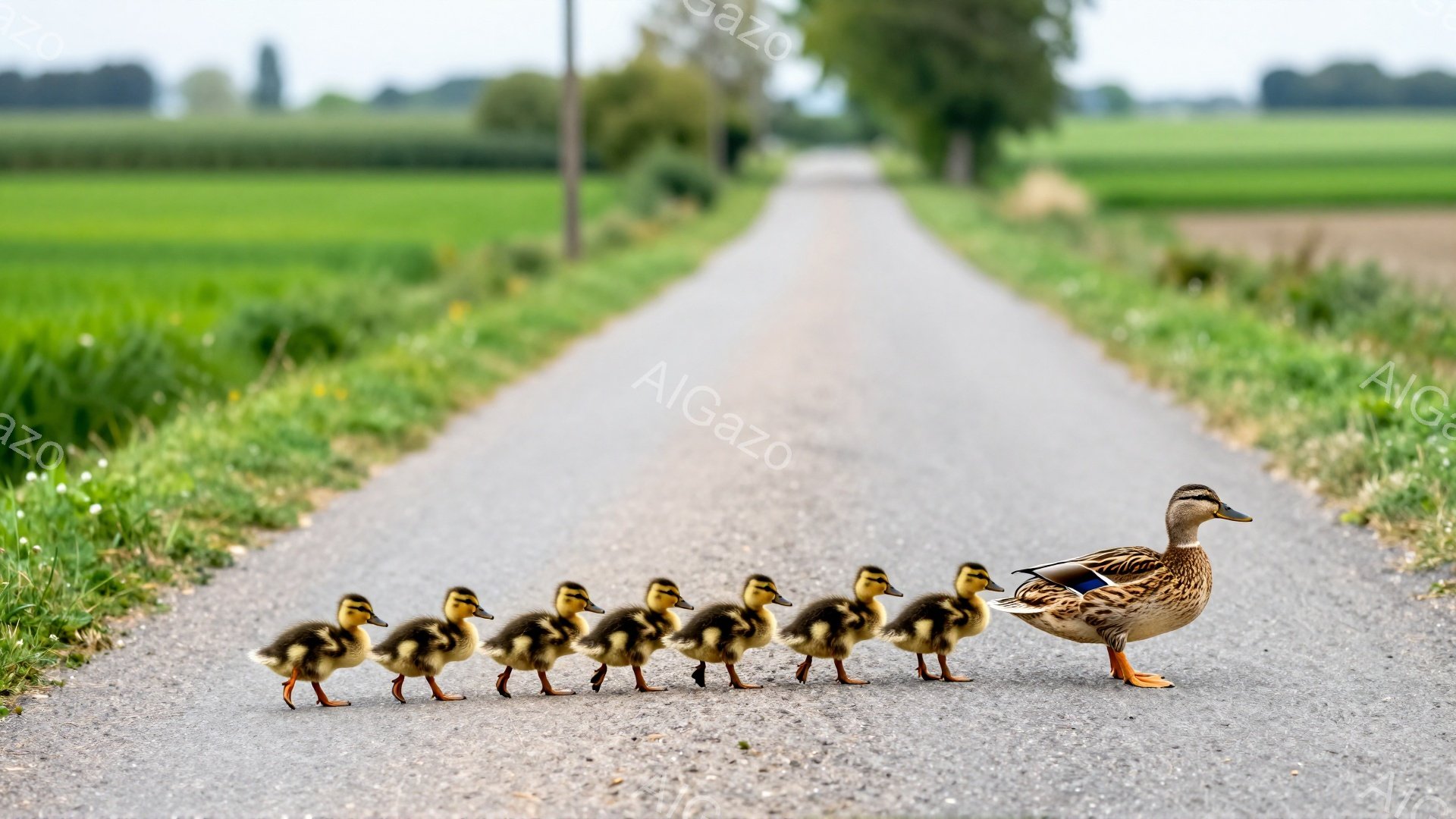 アスファルトの道に親鴨と可愛らしいヒナたちが一列に並んで歩いている。周りには緑豊かな田園風景が広がり、穏やかで平和な雰囲気が漂う。ヒナたちは母親の後ろをぴったりとついており、家族の愛情を感じさせる。 - AI生成フリー素材