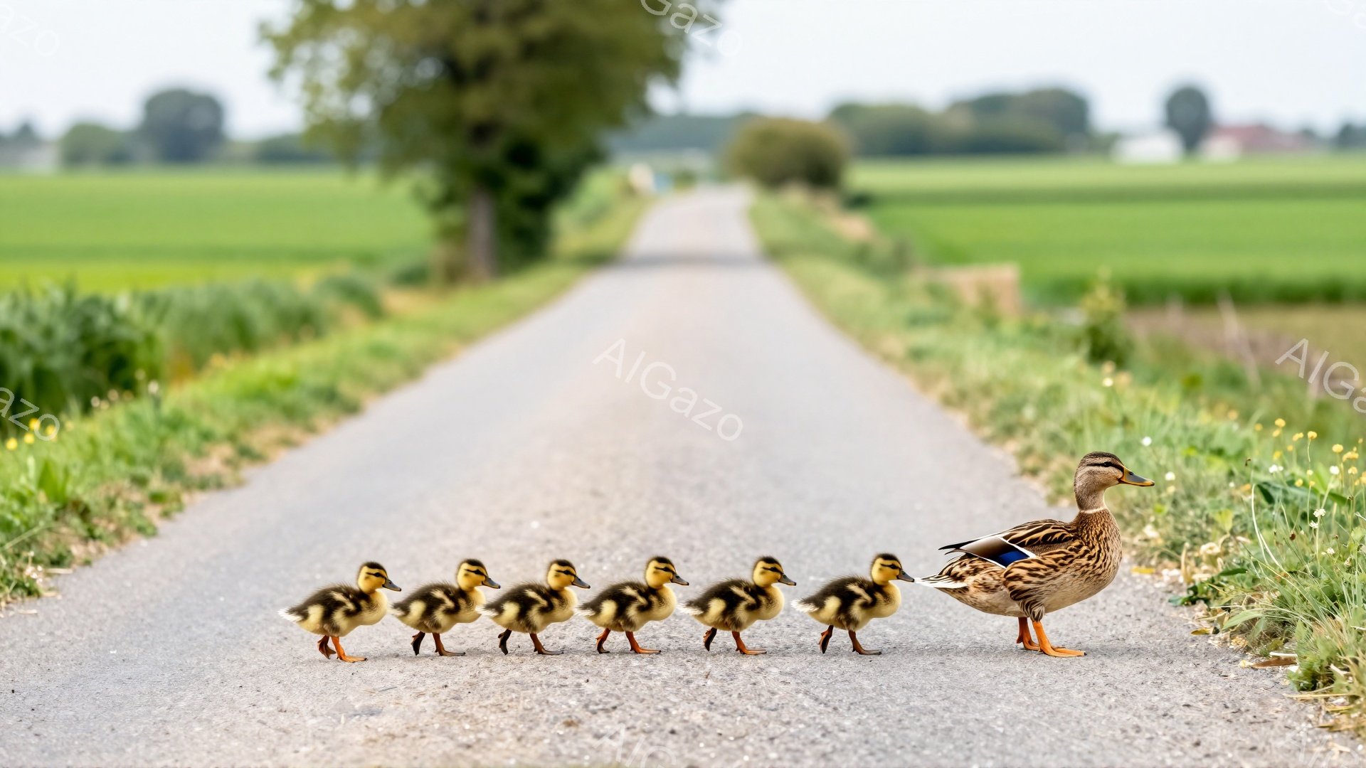 アヒルの母親が、一列に並んだヒナたちを先導して、田舎道を歩いている。緑豊かな背景と明るい光が、平和で穏やかな雰囲気を醸し出している。ヒナたちは母親の後ろをぴったりとついており、愛らしい光景である。