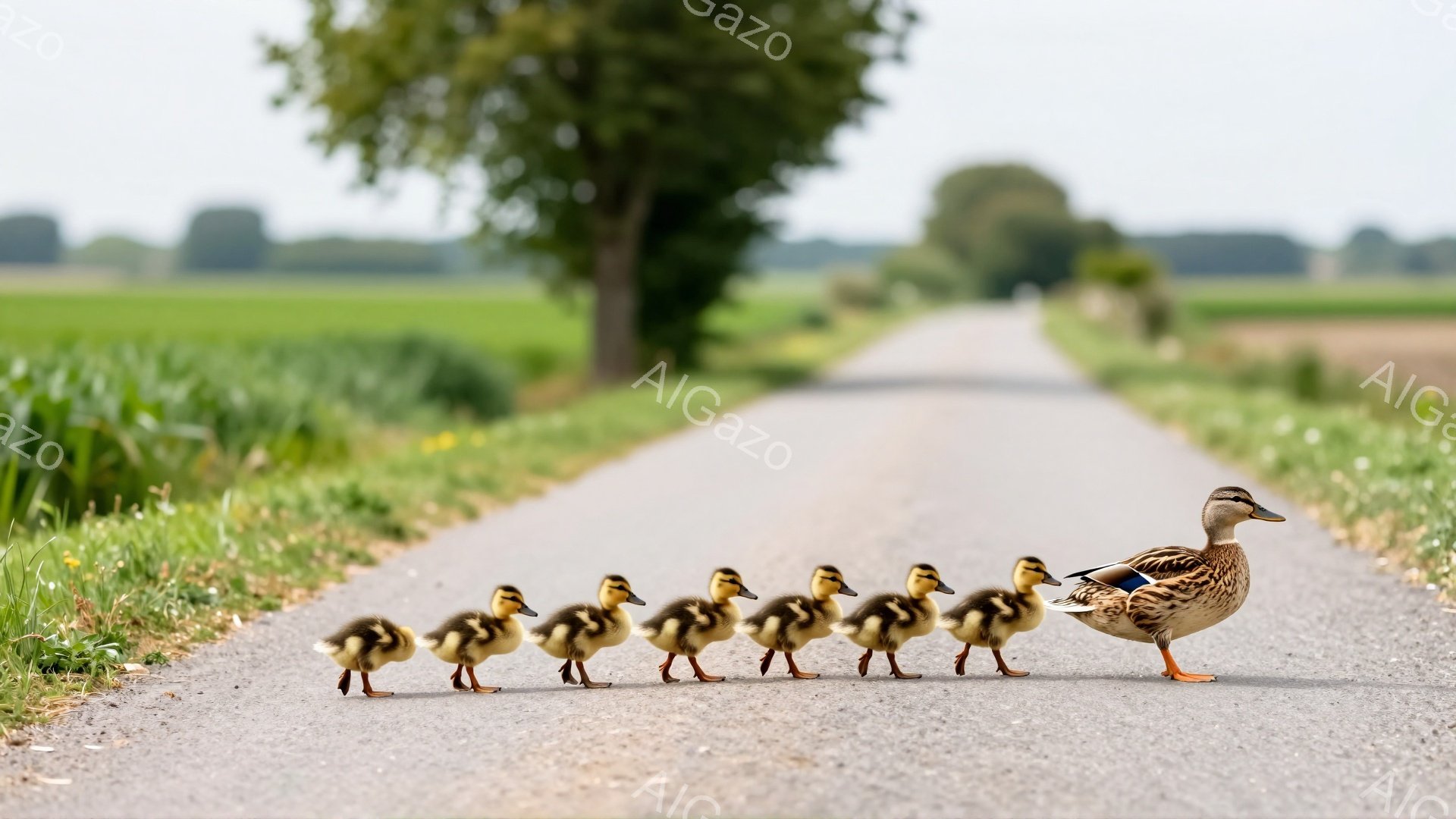アスファルトの道を行列になって進むアヒルの家族が写っている。母親アヒルは後ろから子アヒルたちを先導し、皆一列に並んで歩いている。背景には緑豊かな草原が広がり、平和で穏やかな雰囲気が感じられる。 - AI生成フリー素材