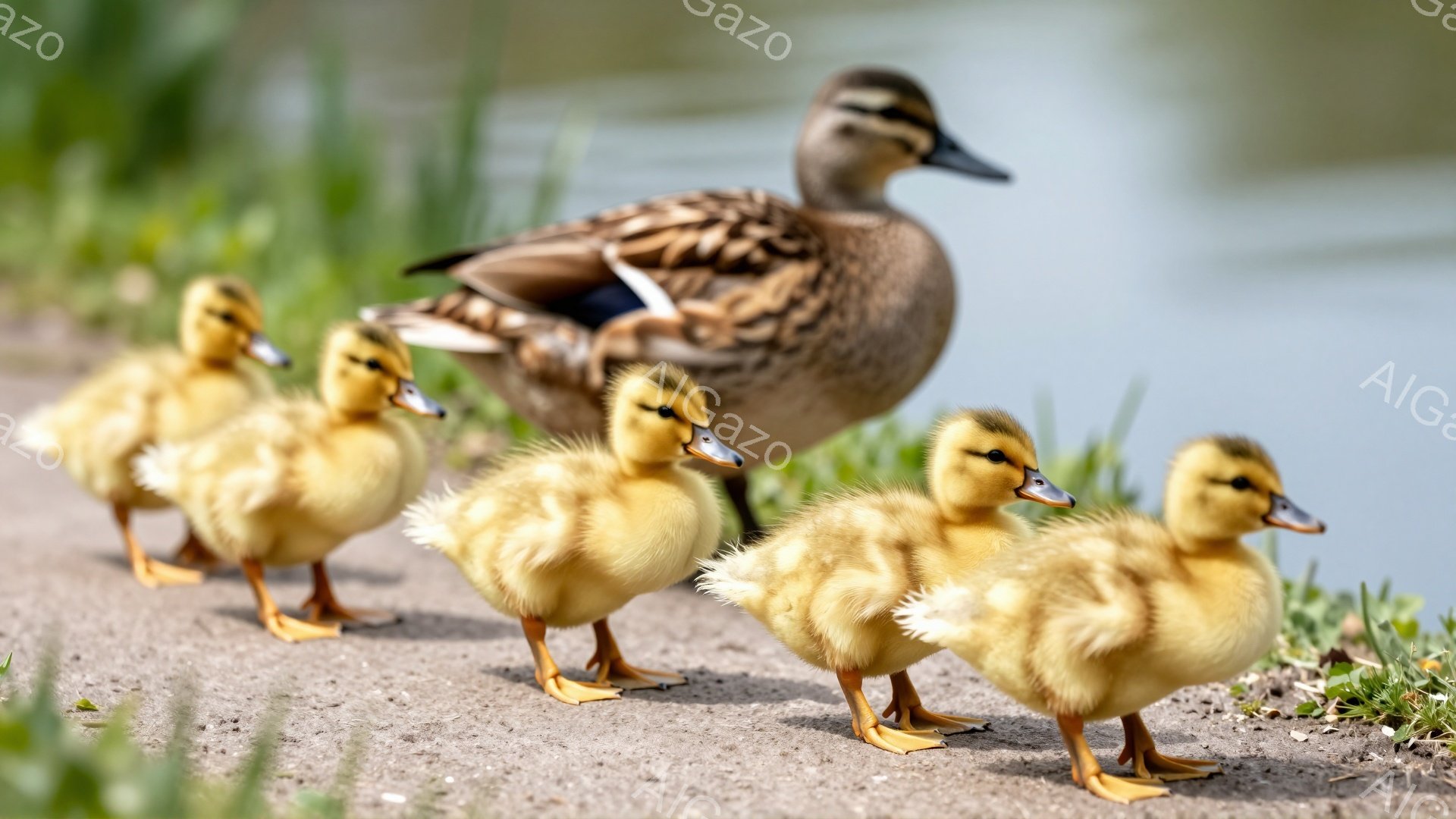 アヒルの母親が後ろにいて、その前に可愛いひな鳥が列をなして歩いている。ひな鳥たちはふわふわの黄色い毛並みで、元気いっぱいの姿を見せている。背景には緑の草が生い茂り、穏やかな春の日の光景が広がっている。