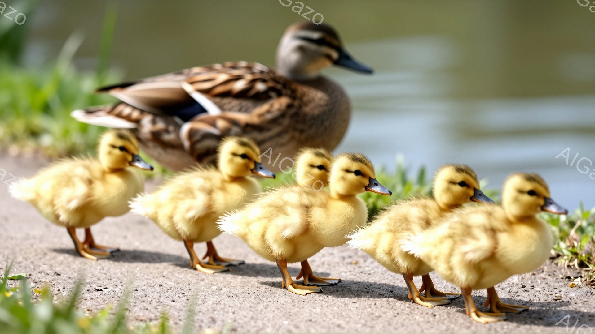 アヒルが子アヒルたちを先導して歩いている様子が捉えられています。母アヒルは茶色い羽毛を持ち、子アヒルたちはふわふわとした黄色い羽毛で可愛らしい姿を見せています。背景には緑の草が生い茂り、穏やかな雰囲気の自然の中で家族の愛情を感じさせます。