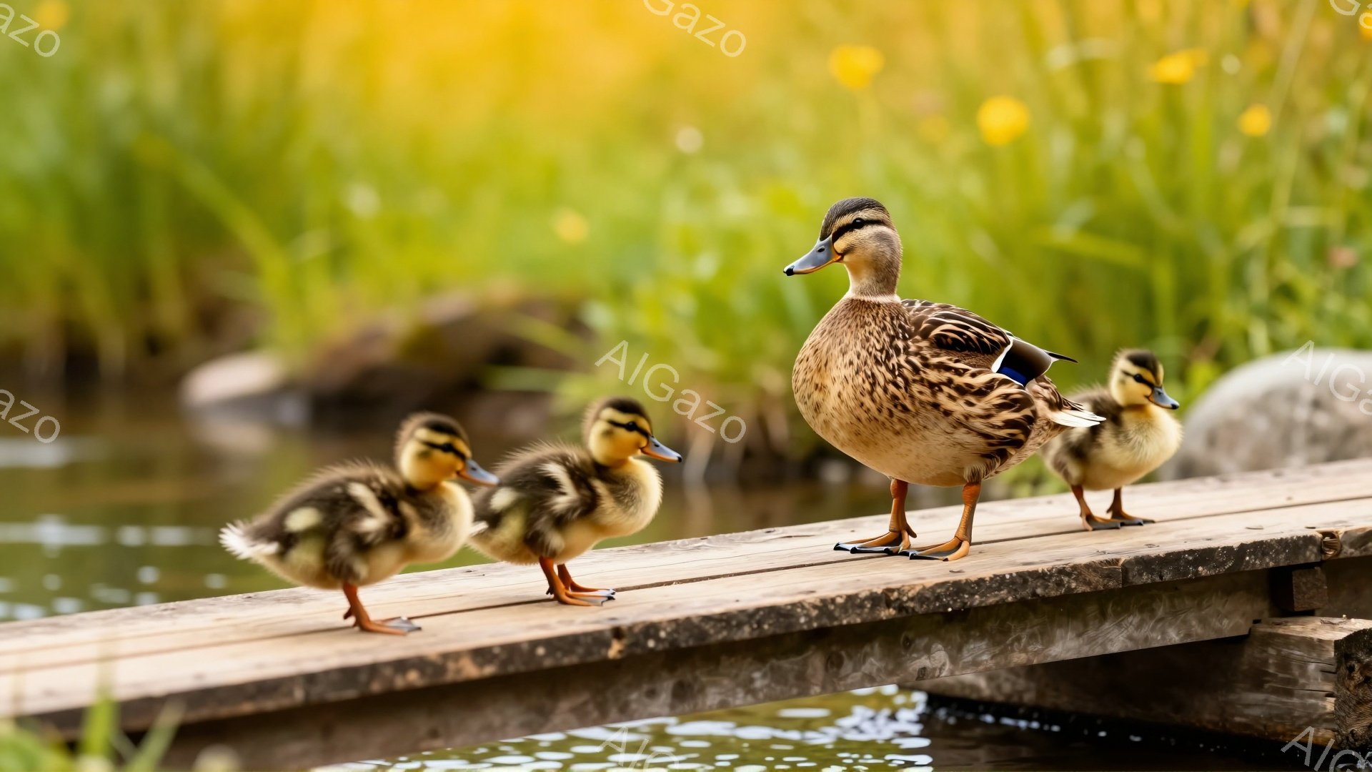 明るい日差しの下、母鴨と３羽の子鴨が木製の桟橋の上を歩いている。子鴨たちは黄色くてふわふわしており、母親のそばを寄り添うように進んでいる。背景には緑豊かな植物と水面が広がり、穏やかな春の雰囲気が感じられる。