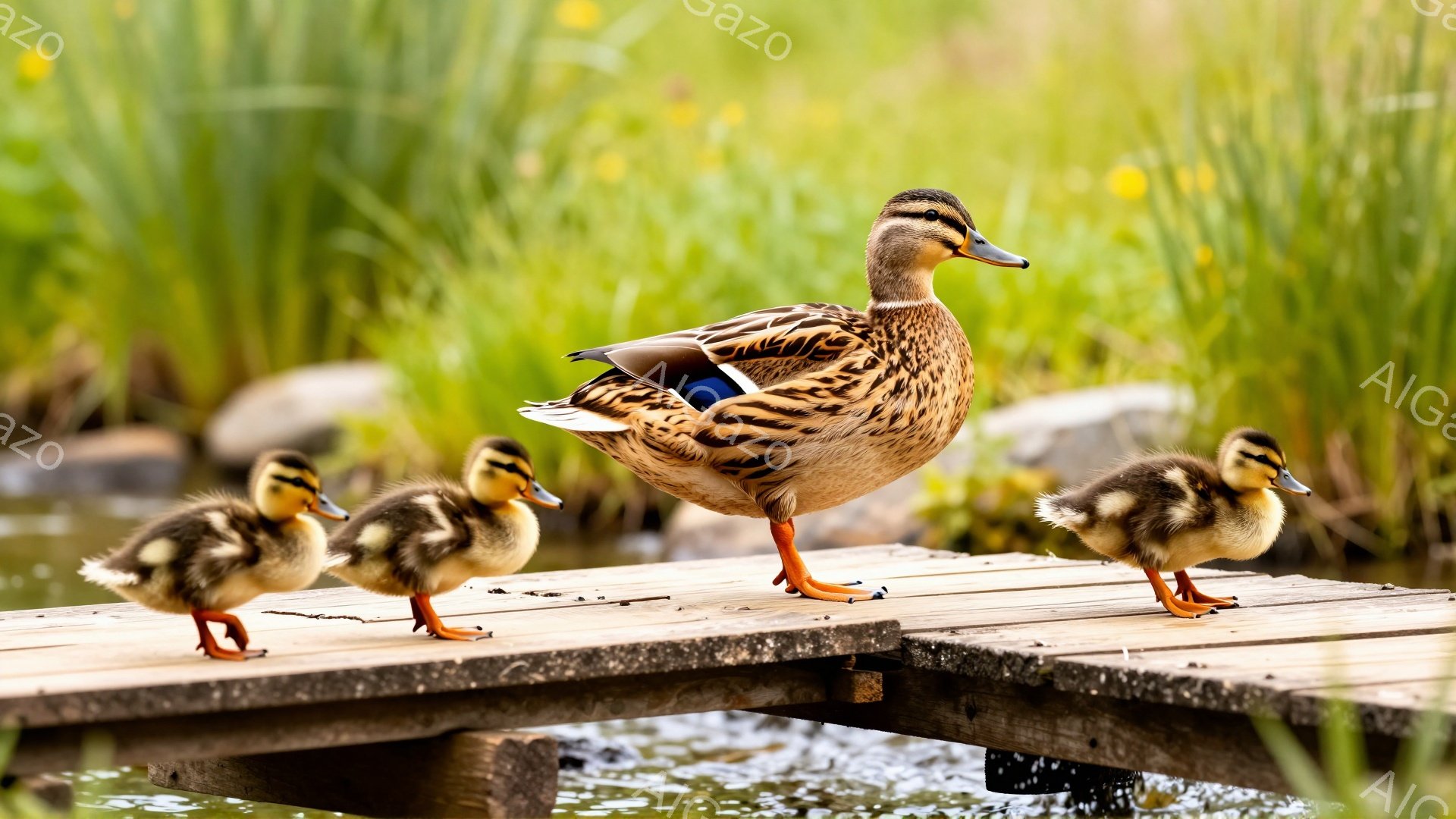 桟橋の上をアヒルとヒナたちが歩いている。母親アヒルは茶色い羽を持ち、ヒナたちは黄色いふわふわした羽毛で覆われている。背景には緑豊かな植物と水辺の風景が広がり、穏やかな雰囲気が漂っている。