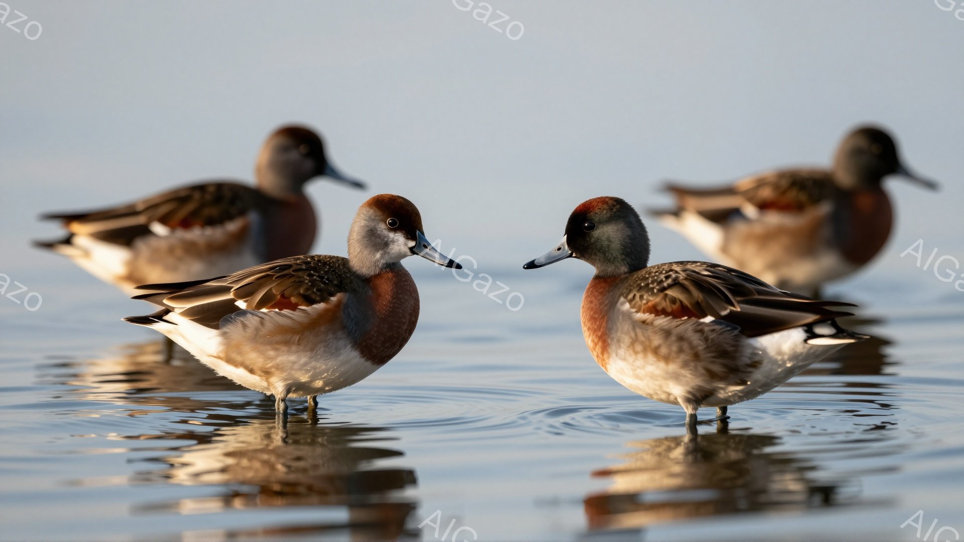 穏やかな水面で、4羽のカモが浮かんでいる。カモは鮮やかな赤褐色と灰色の羽を持ち、水面に反射して光っている。静かで平和な雰囲気で、自然の美しさが際立っている。