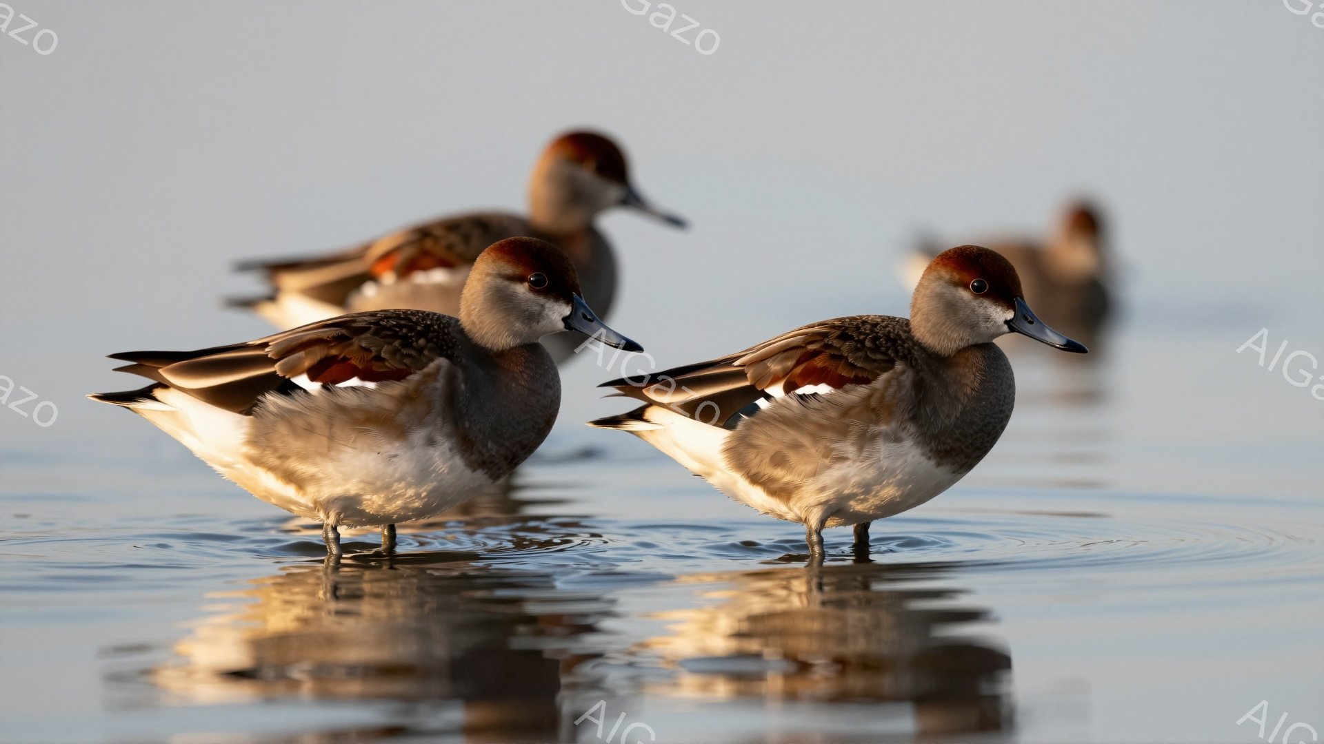 穏やかな水面にカモが数羽浮かんでいる。夕暮れ時の光が水面を照らし、カモの羽毛を赤茶色に染め上げている。水紋が広がり、静かで平和な雰囲気を醸し出している。