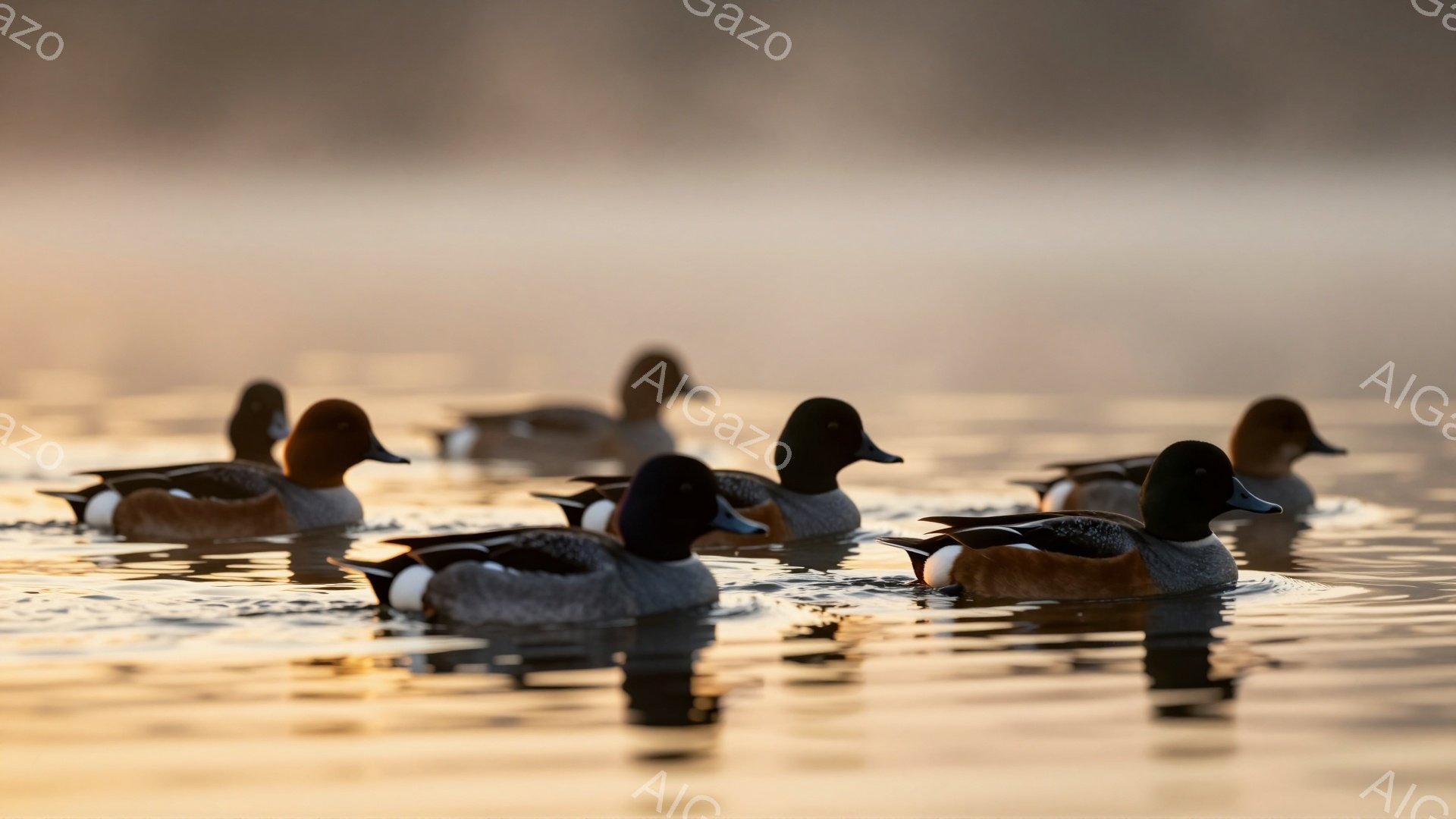 穏やかな水面にマガモが浮かんでいます。朝日の光が水面を照らし、暖かく幻想的な雰囲気を醸し出しています。鳥たちは静かに水を進み、平和な光景を作り出しています。 - AI生成フリー素材