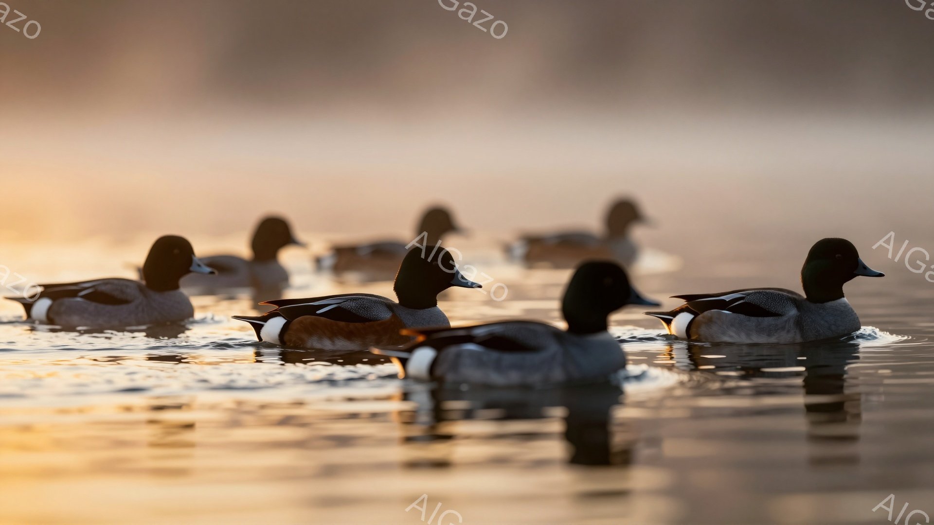 穏やかな水面にカモたちが整然と並んで泳いでいる。朝日の光が水面を照らし、金色に輝く美しい光景だ。カモたちのシルエットが際立ち、静かで平和な雰囲気が漂っている。