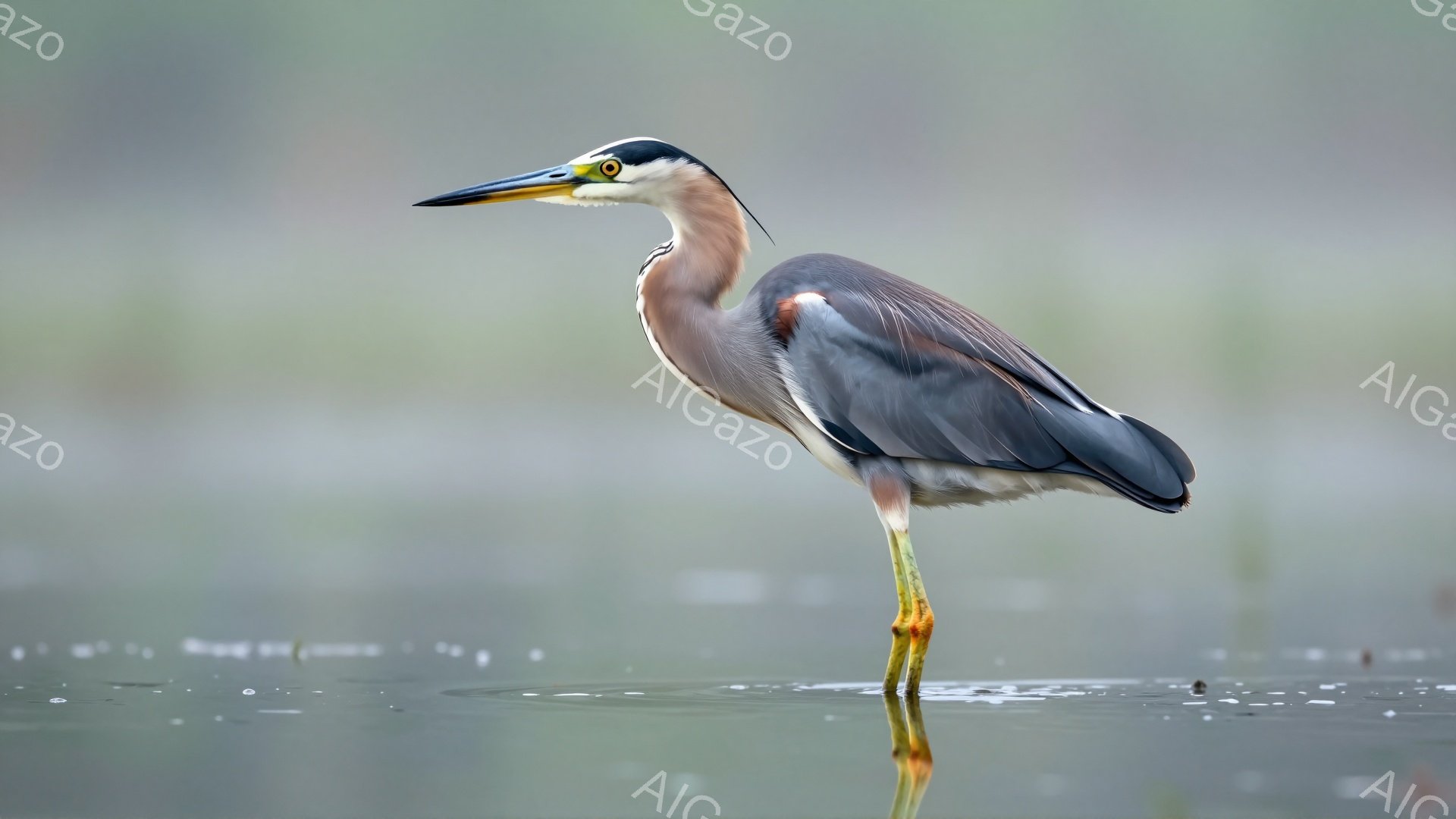 アマサギが水面に立つ姿を捉えた写真です。緑がかった水面と空を背景に、その優雅なシルエットが際立っています。足元には水面の反射が見られ、静寂な雰囲気を醸し出しています。 - AI生成フリー素材