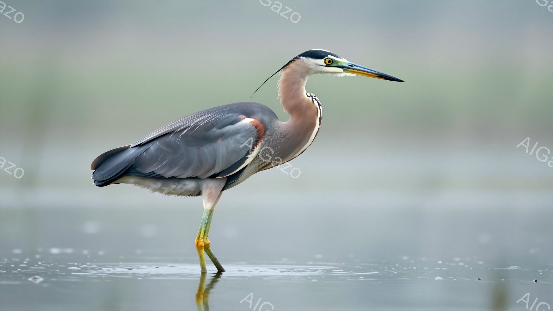 さざなみが寄る水面に、一羽のアマサギが佇んでいます。灰色がかった青い羽毛と、長い黄色い嘴が特徴的です。水面に映る姿は、静寂な自然の中に溶け込むように優雅です。