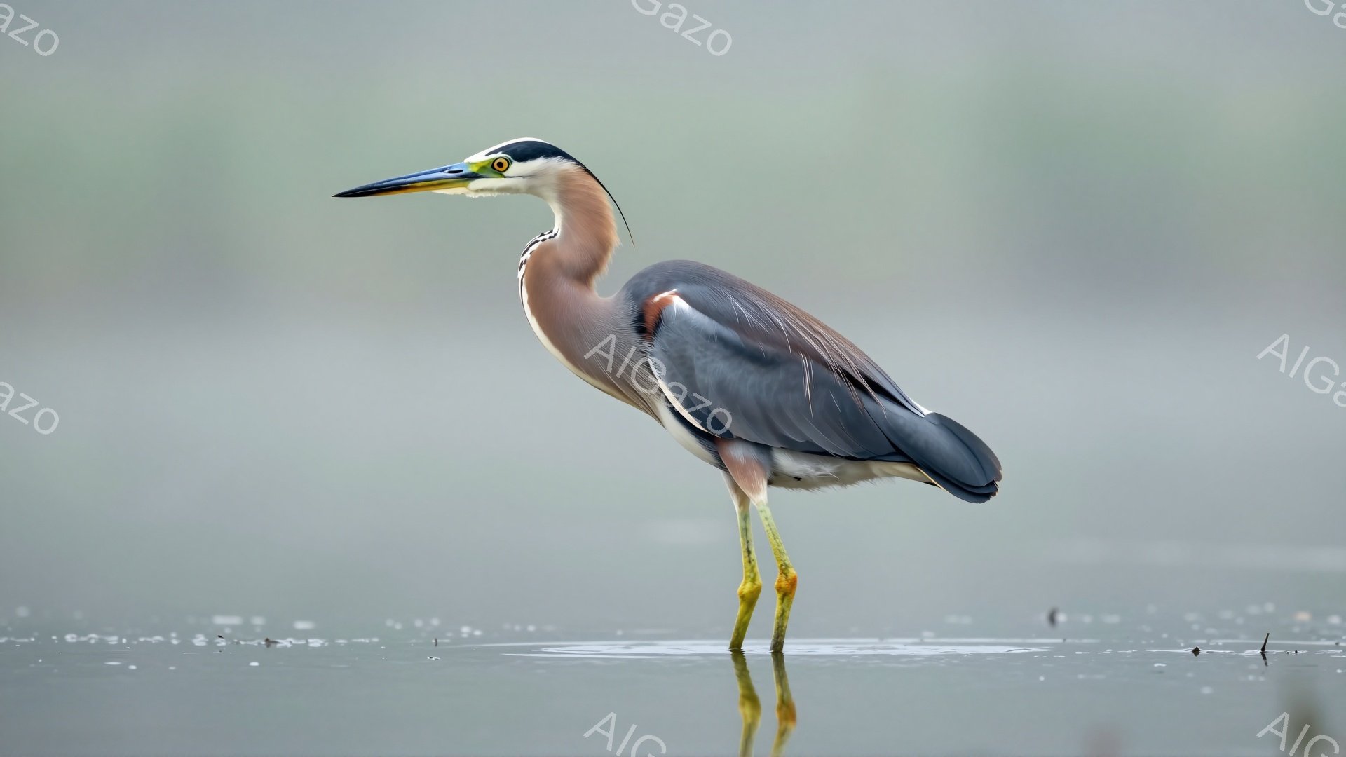 浅い水辺にササギコウが立っている。長い脚と首を伸ばし、鋭い嘴で何かを探しているようだ。背景は淡いグレーで、静寂な雰囲気を醸し出している。