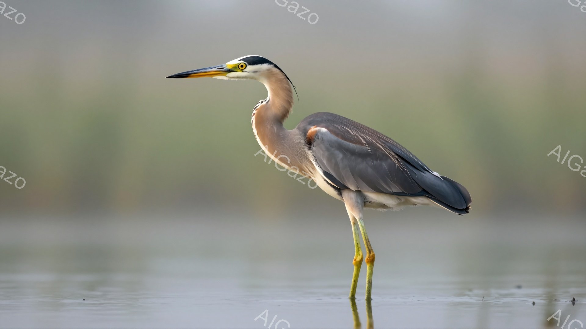 アオサギが水面に立つ姿を捉えた写真です。背景はぼやけており、水面に反射したアオサギの姿が印象的です。全体的に穏やかで静謐な雰囲気です。
