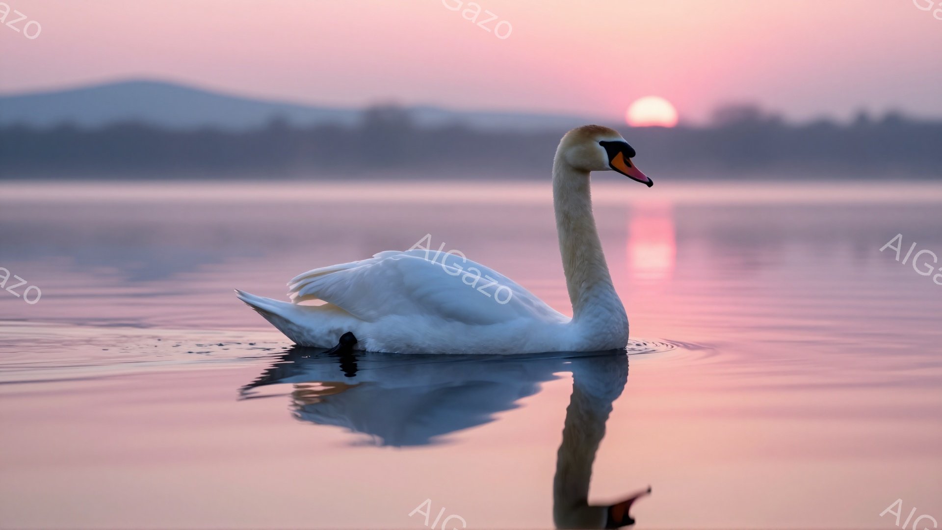 白鳥が穏やかな水面を優雅に泳いでいる。夕焼け空が水面に反射し、ピンクとオレンジ色の美しいグラデーションを作り出している。背景にはぼんやりと山並みが望め、幻想的な雰囲気が漂う。