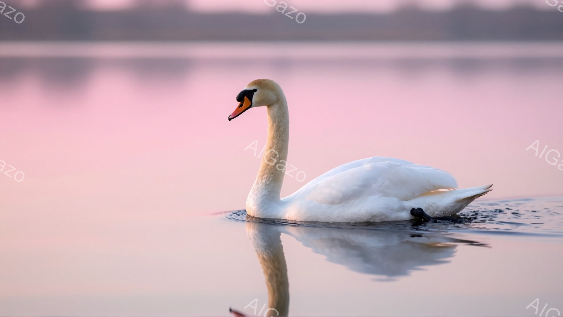白い羽を持つ白鳥が穏やかな水面を優雅に泳いでいる。水面には白鳥の姿が美しく映り込み、空は淡いピンク色に染まっており、静かで穏やかな雰囲気を醸し出している。朝焼けか夕焼けのような時間帯で、水鳥の自然な美しさを捉えた一枚である。