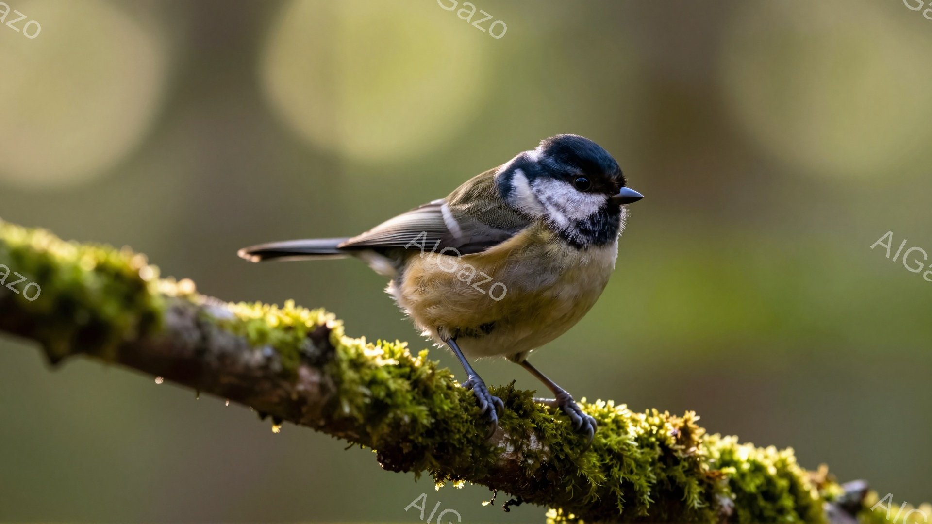 緑色の苔むした枝にとまって羽を休めている小さな鳥が写っている。オレンジ色と白の鮮やかな体色と、黒い目と額が特徴的だ。背景はぼかした緑色で、柔らかく穏やかな雰囲気を醸し出している。 - AI生成フリー素材