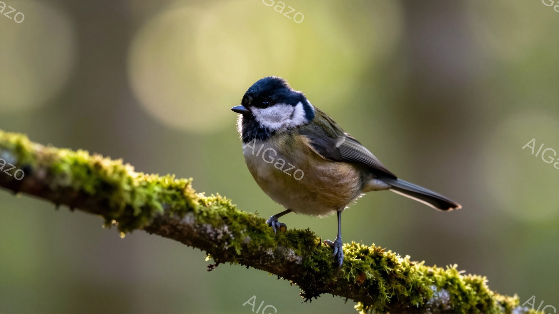 小さな鳥が緑色の苔むした枝にとまっている。その鳥は青い頭と背中、オレンジ色の腹部を持ち、冬の風景に映える美しい姿をしている。背景はぼかしてあり、鳥が際立っている。