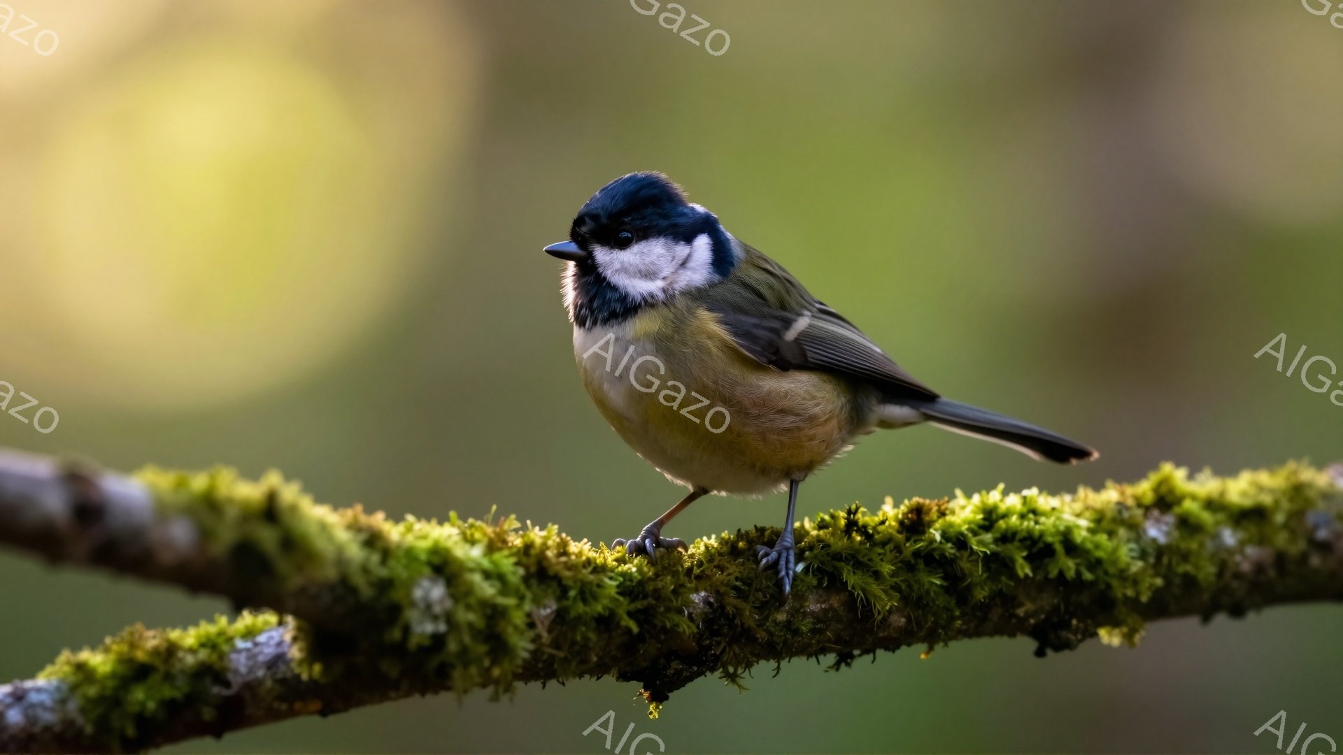 青い頭と黄色い胸を持つ小鳥が、緑色の苔むした枝にとまっている。背景はぼかされており、穏やかで柔らかな光が差し込んでいる。鳥は右を向き、わずかに羽を広げている。