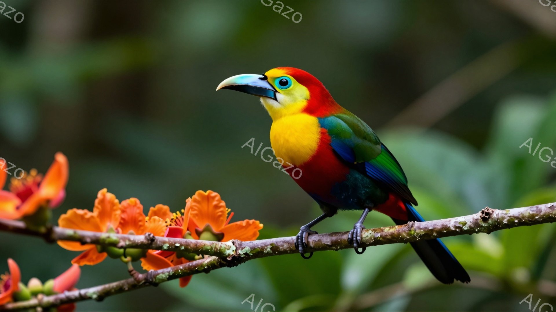 色鮮やかな鳥が枝にとまっており、その鮮やかな赤、黄色、緑の羽毛が目に飛び込んでくる。背景にはオレンジ色の花がぼやけており、自然の美しさを引き立てている。光が差し込み、鳥の鮮やかな色を際立たせ、穏やかで - AI生成フリー素材