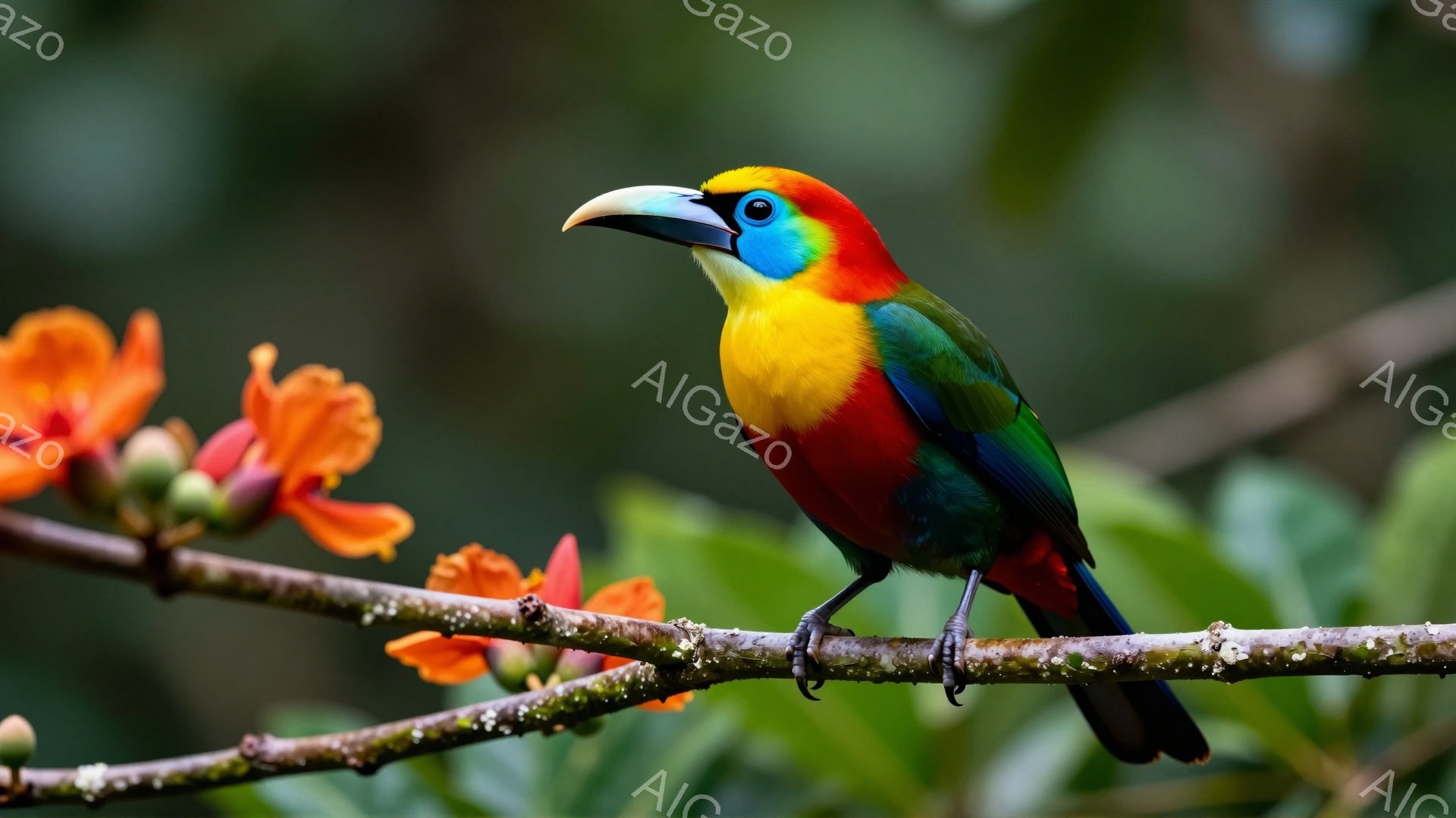 鮮やかな色の鳥が枝にとまっている。赤い胸元、黄色い腹部、そして緑色の背中が特徴的で、エキゾチックな雰囲気を醸し出している。背景にはオレンジ色の花がぼんやりと見え、自然の美しさを際立たせている。 - AI生成フリー素材