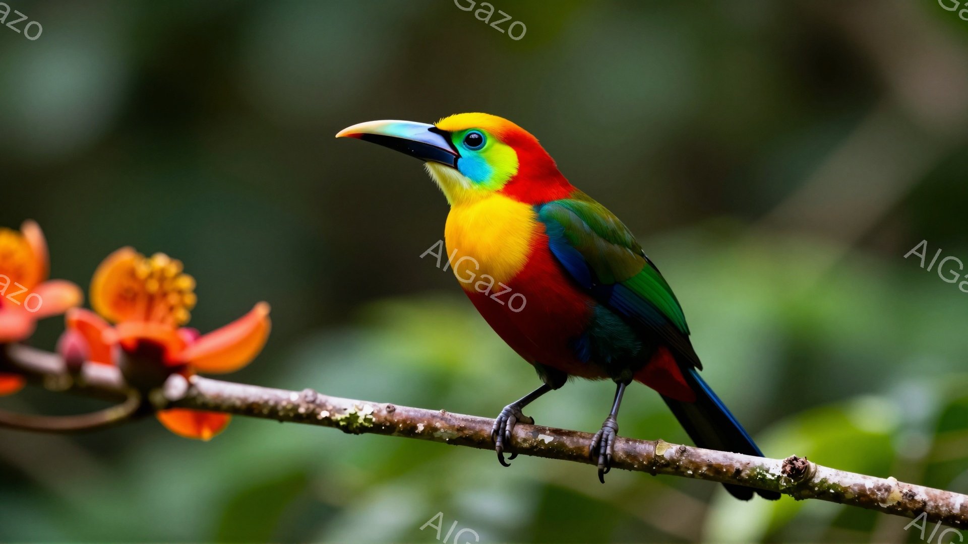 色鮮やかな鳥が木の枝に止まっています。鮮やかな赤い羽、黄色い頭、そして緑色の背中が印象的です。背景は緑豊かな植物で覆われ、熱帯雨林のような雰囲気を感じさせます。