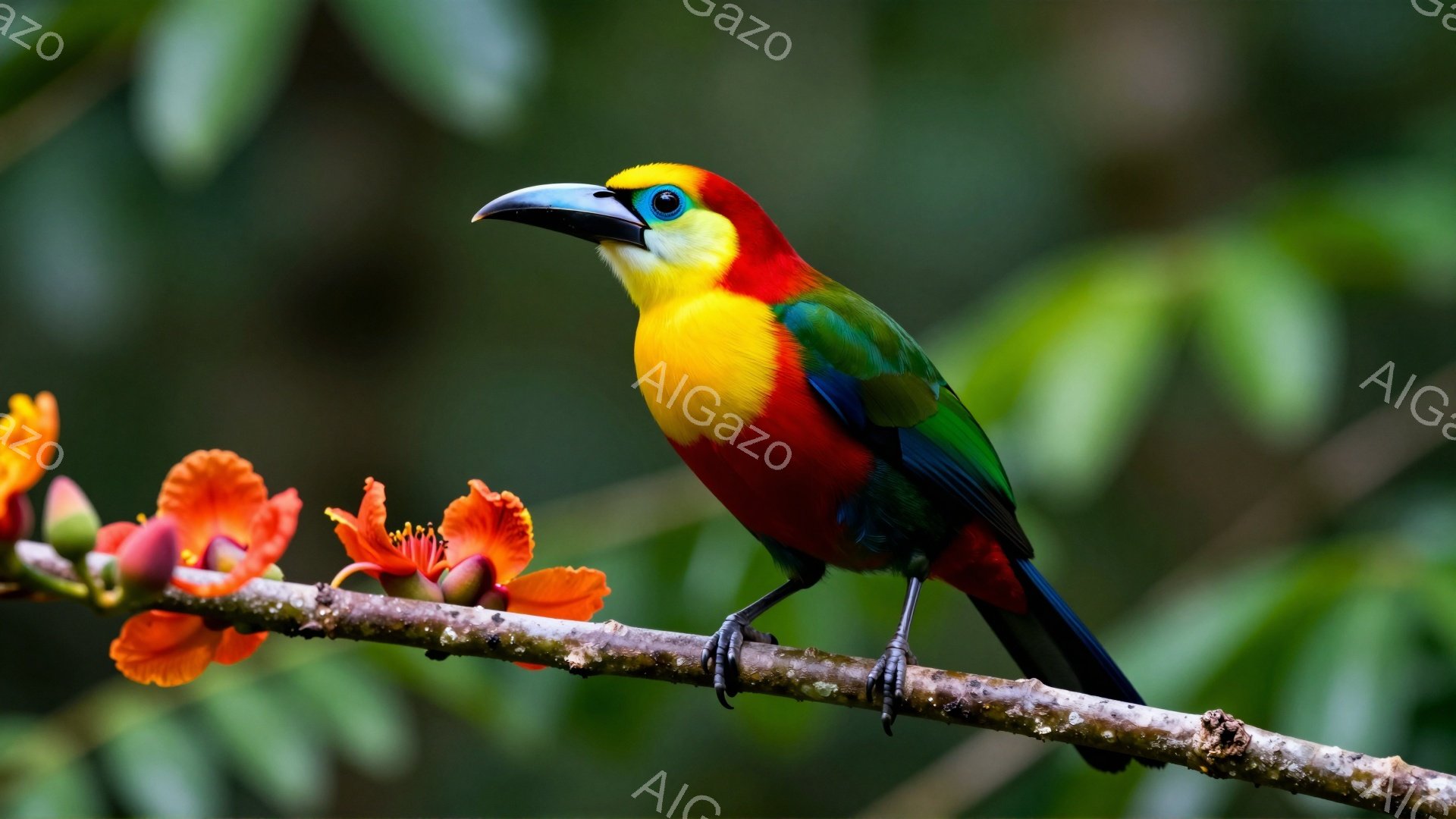 色鮮やかなタンチョウが枝に止まっており、鮮やかな赤、黄色、緑の羽が印象的です。背景は緑豊かな植物で覆われ、ぼやけており、鳥を際立たせています。 光は柔らかく、自然な雰囲気で、鳥の美しさを引き立てています。