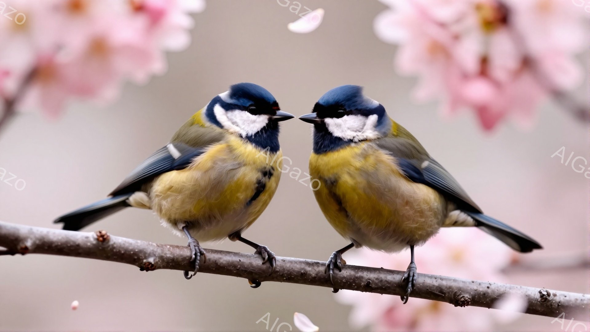 枝に並んで座っている二羽のヒバリが見える。鮮やかな青、黄色、白の羽毛が特徴的で、春の桜の花びらが舞っている背景が美しい。暖かく穏やかな春の日の雰囲気が感じられる。