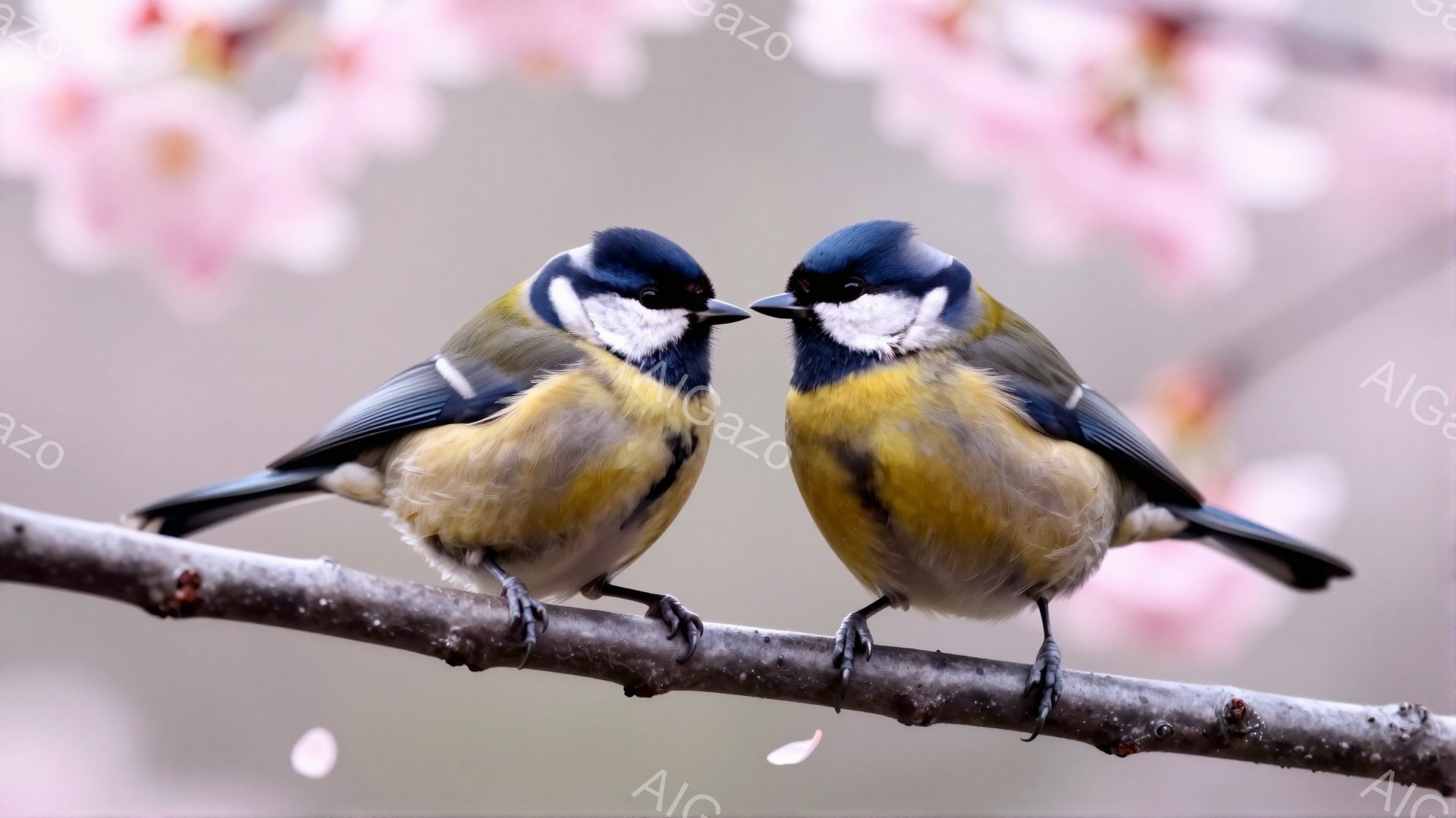 二羽のヤマガラが枝に並んでとまっている。背景には薄いピンク色の桜の花びらがぼんやりと見え、春の穏やかな雰囲気を醸し出している。鳥たちは鮮やかな青と黄色の羽を持ち、互いに向き合っているように見える。