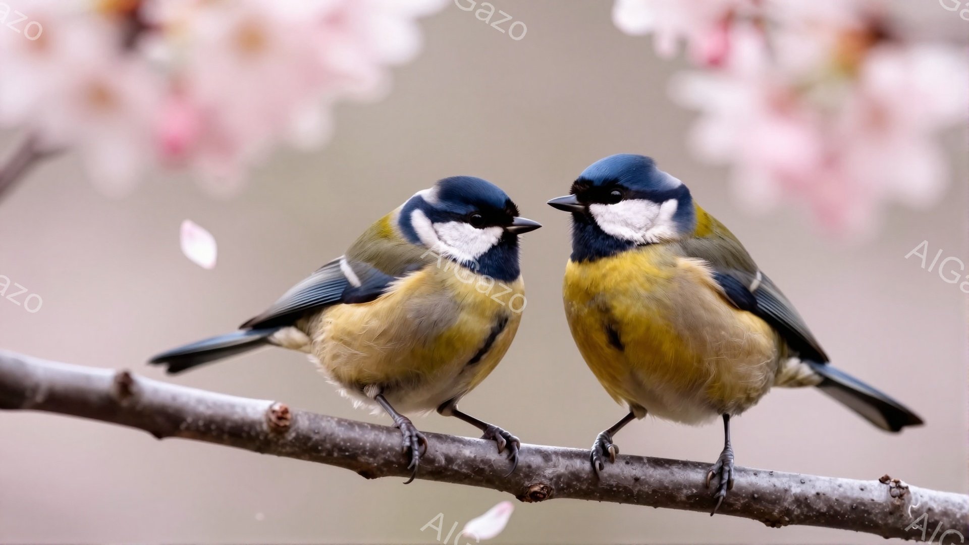 二羽のヤマガラが枝にとまっている。青い頭と背中、黄色い腹部が特徴的で、春の訪れを感じさせる背景には桜の花びらが舞っている。穏やかな雰囲気で、自然の美しさを表現した写真だ。