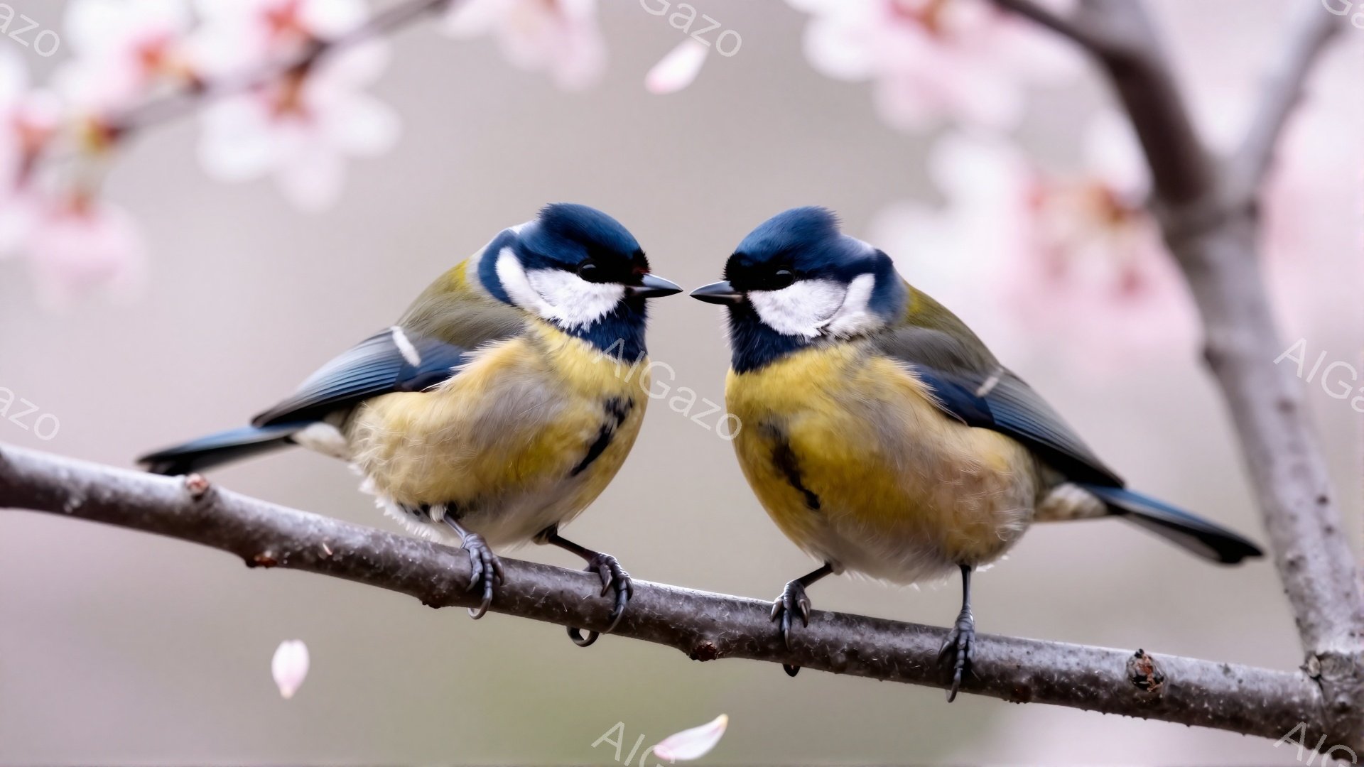 二羽の可愛いヒガラが枝に並んでとまっています。背景には淡いピンク色の桜の花びらが舞い、春の暖かな雰囲気が漂っています。ヒガラは青と黄色の鮮やかな色彩で、可愛らしさを強調しています。