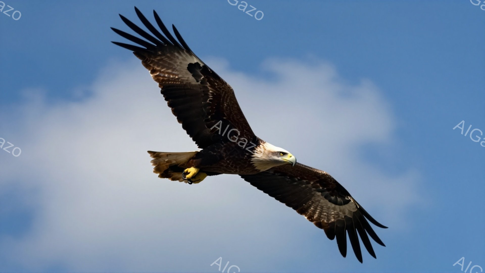 空を飛ぶ白頭鷲が翼を大きく広げている。鮮明な青空を背景に、鷲の力強い姿と鋭い眼差しが印象的だ。雲がわずかに見え、空の広大さを強調している。 - AI生成フリー素材
