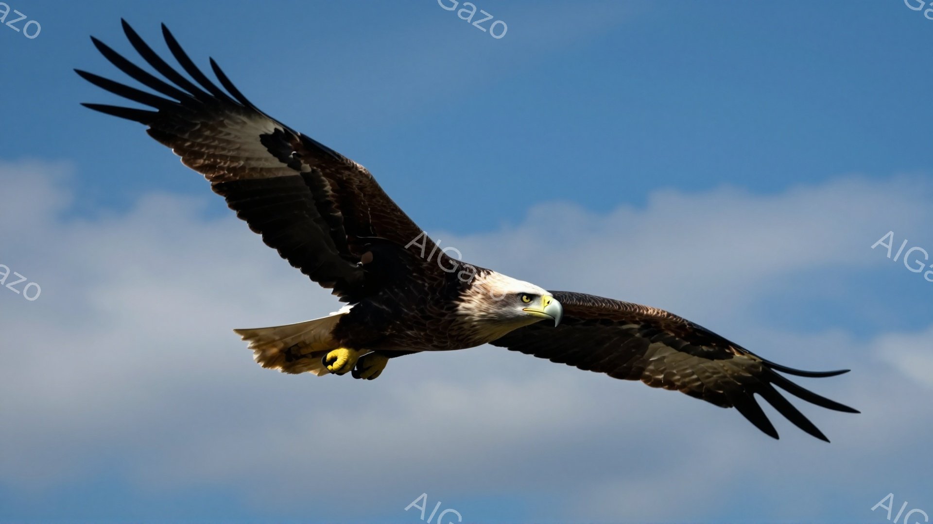 広大な青空を背景に、翼を大きく広げたハクトウワシが飛んでいる。その翼は力強く、羽毛の細部まで鮮明に写し出されている。ワシの鋭い眼差しと、青い空とのコントラストが印象的だ。