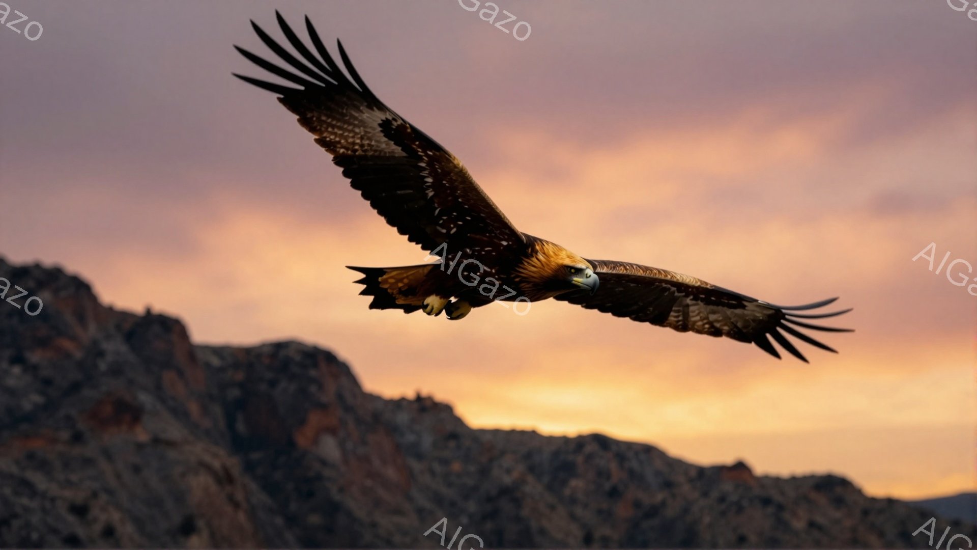 巨大な鳥が夕焼けを背景に空を舞っている。鋭い爪が太陽の光を受けて輝き、力強い翼を広げている姿は、自由と野生を感じさせる。背景の山並みと空の色が、ドラマチックな雰囲気を醸し出している。 - AI生成フリー素材